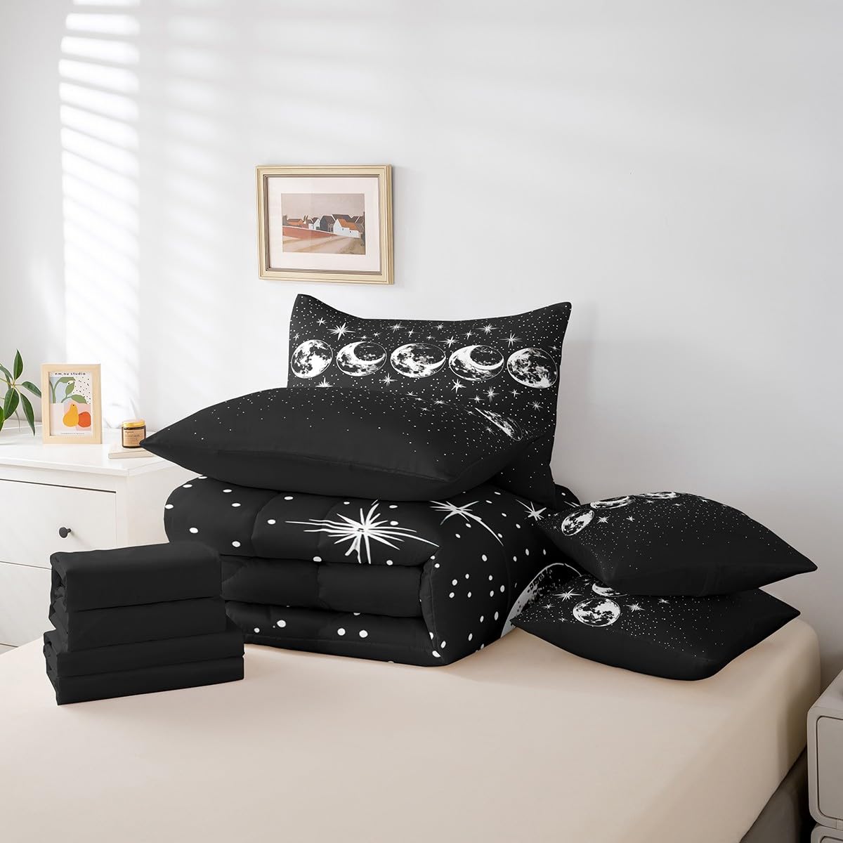 Erosebridal Starry Sky 7 Piece Comforter Set Full Bed in a Bag,Sun Moon Bedding Sets Aesthetic Galaxy Series Sheet Set with Comforter