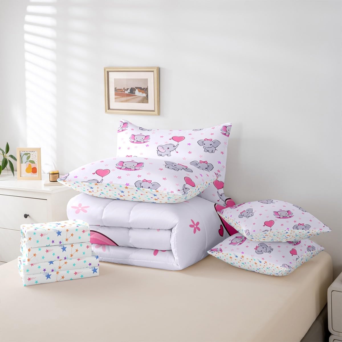 Erosebridal Girls Elephant 7 Piece Comforter Set Twin | Cute Elephant Cartoon Animals Bedding Set for Kids Nursery Bedroom Pink Heart Shaped Comforter with Sheets Kawaii Wildlife Floral Duvet Insert