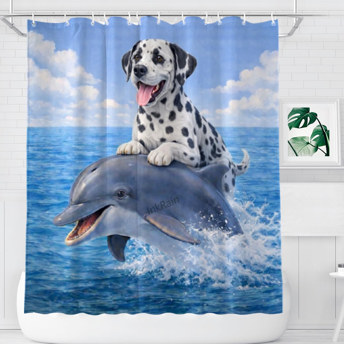 InkRain Ocean Dalmatian Shower Curtain with 12 Hooks Cute Puppy Riding Dolphin Bathroom Decor Waterproof Polyester Fabric Coastal Beach Bath Curtain 70x70 Inch