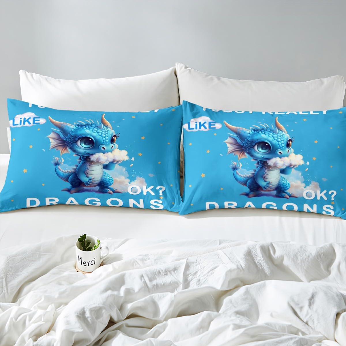 Cartoon Dragon Kids Fitted Sheet Full Size,Starry Sky Clouds Bedding Set,Boys Girls Room Decor,Cute Western Dragon Wild Animal Bed Cover,Blue White Bed Sheet,2 Pillowcases