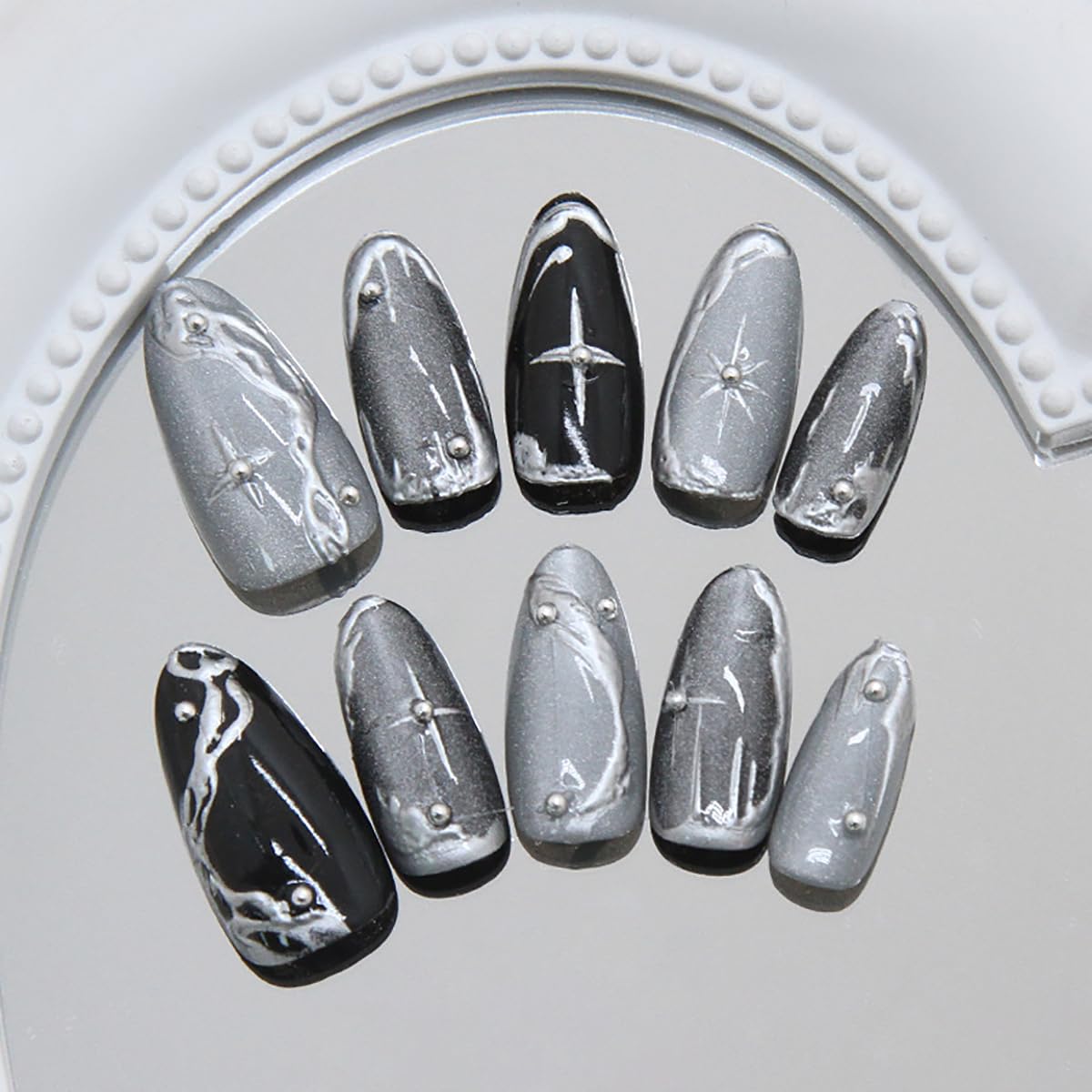 24Pcs Gothic Press on Nails Medium Almond Dark Black Fake Nails Silver Line Chrome with Rhinestones Designs Full Cover Y2k Stick on Nails Goth False Nails for Women Acrylic Nail Accessories DIY
