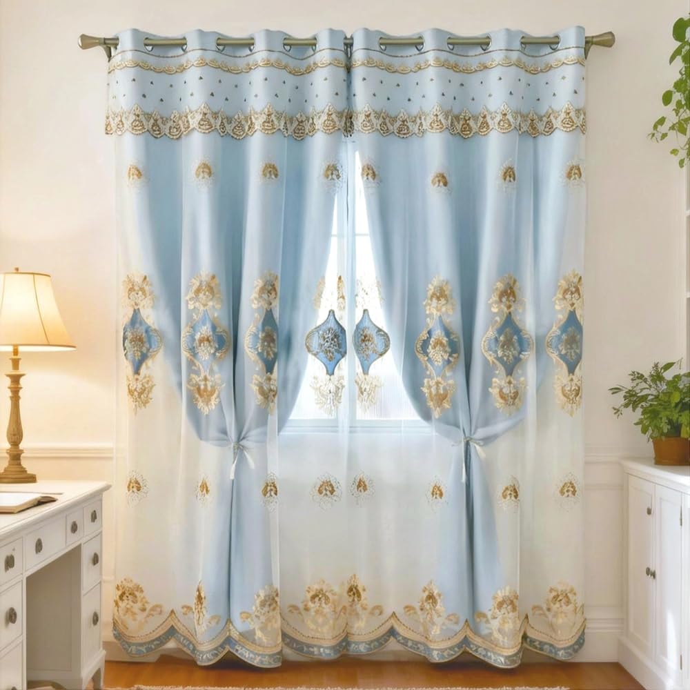 Amidoudou 1 Pair European Double Layer Curtains with Sheer Curtains for Living Room Bedroom Luxury Embroidered Blackout Curtains (Blue,52x84 Inch)