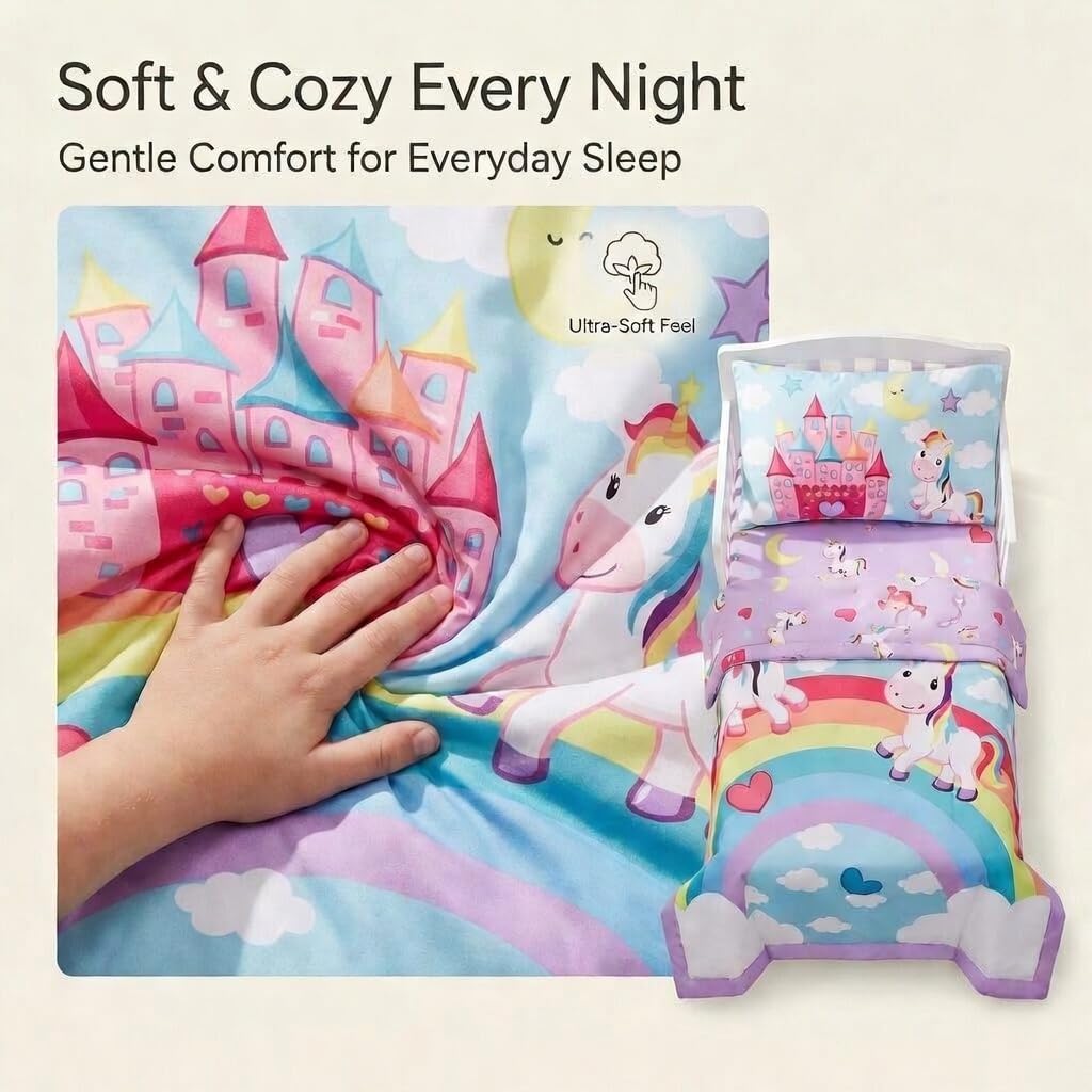 EVERYDAY KIDS 4 Piece Toddler Bedding Set - Unicorn Dreams - Includes Comforter, Flat Sheet, Fitted Sheet and Reversible Pillowcase