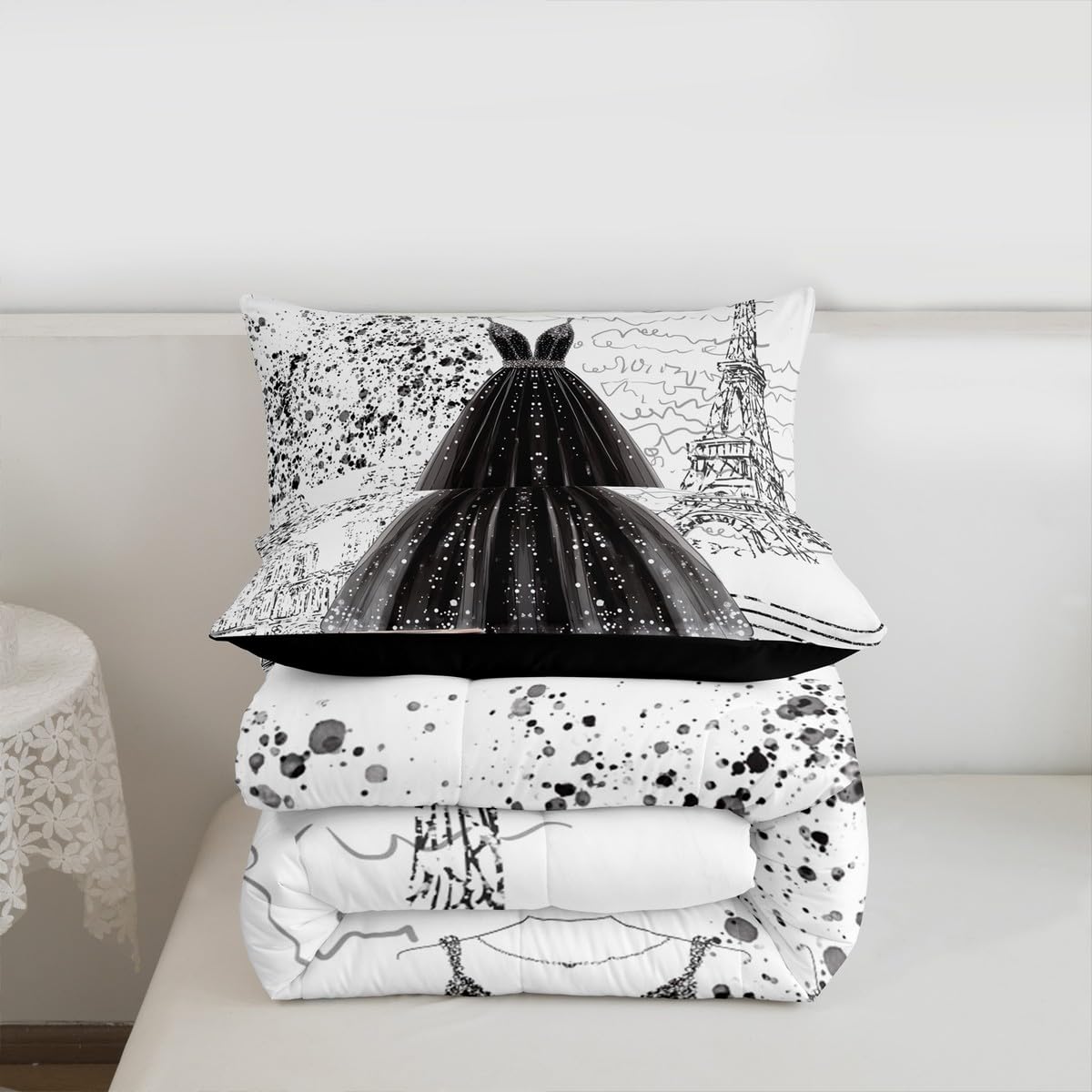 Erosebridal Fashion Girly Dress Comforter King Size Black White Eiffel Tower Paris Bed Sets Perfume Modern Girls Women Bedding Set Romantic High Heels Makeup Duvet Insert,Luxury Soft