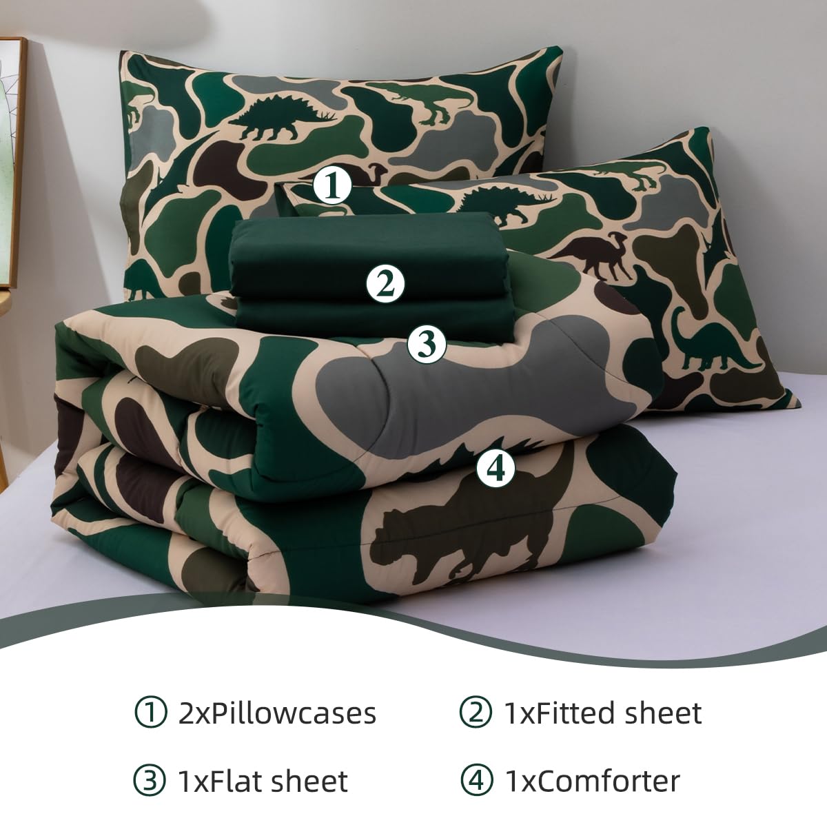 Holawakaka Boys Dinosaur Camouflage Comforter Set with Sheets, Queen Size Army Green Camo Bedding Sets for Kids Teens Bed-in-a-Bag 5 Pieces for Dorm Bedroom Cabin Lodge