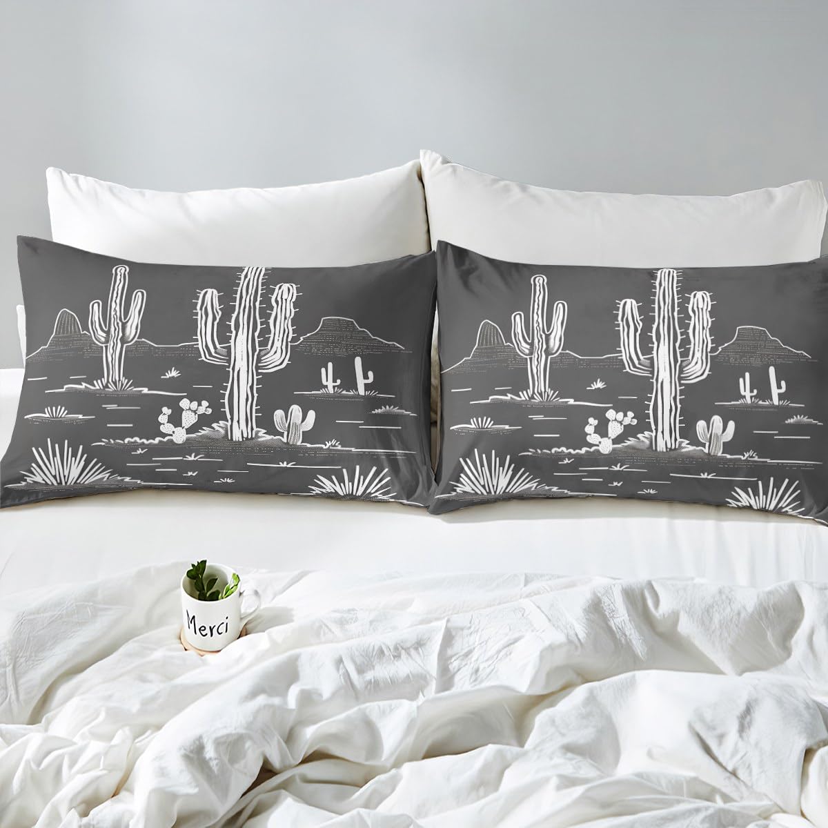 jejeloiu Western Bed Sheets Set Queen Size Desert Cactus Bed Set Gray Deep Pocket Fitted Sheet Vintage Southwest Breathable Soft Lightweight Microfiber