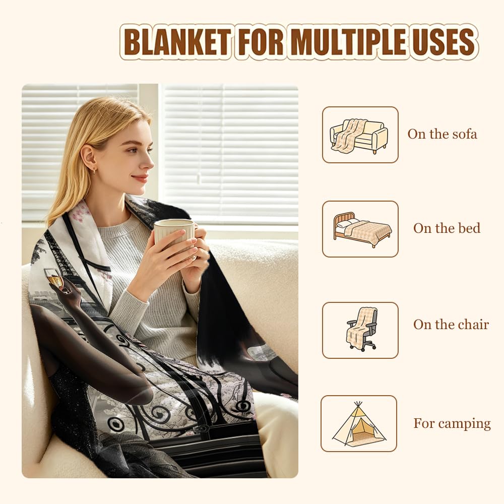 GXYAOYZG Paris Blankets Black Girl Eiffel Tower Print Black Women Flannel Throw Soft Warm Cozy Lightweight Pink Dress Blanket for Couch Sofa Bed Romantic Home Decor Women Girls Gift (49" x 59")