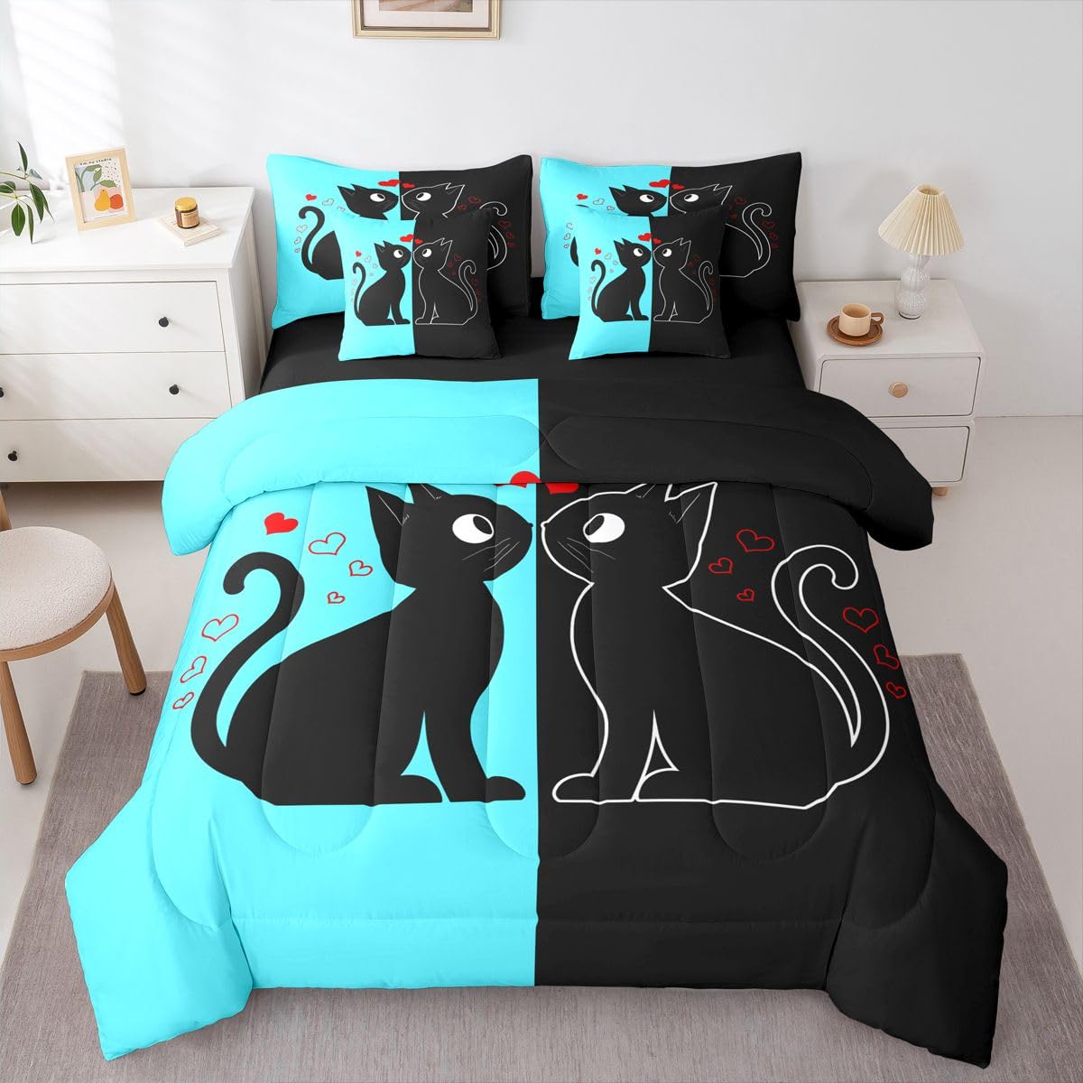 Erosebridal Cute Black Cat 7-Piece Bedding Set Full Size (Blue and Black) | Valentine's Day Cats Bed in a Bag for Couple Lovers Romantic Cats Comforter Set with Sheets Kawaii Pet Animal Duvet Insert