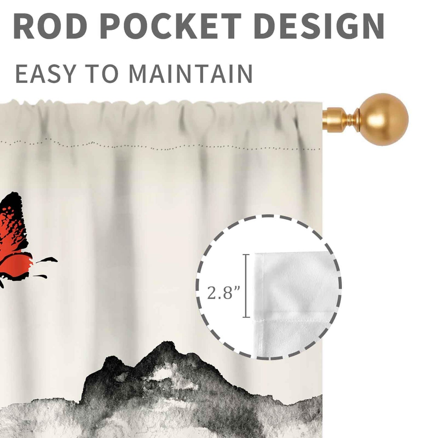 Japanese Curtains, Traditional Ink Painting Black Fluffy Cat Red Cherry Blossom Floral Branch Oriental Asian Style Nature Mountains Printed Drapes for Bedroom Living Room Bathroom Window, 42"x45" Inch