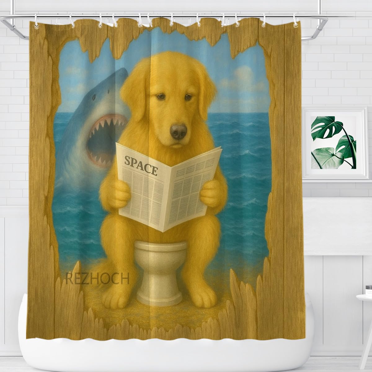 REZHOCH Golden Retriever Sitting on Toilet Reading Newspaper Shark Shower Curtain Durable Waterproof Fabric Bathtub Sets Funny Animal Home Bathroom Decoration 72x72inch with 12 Hooks