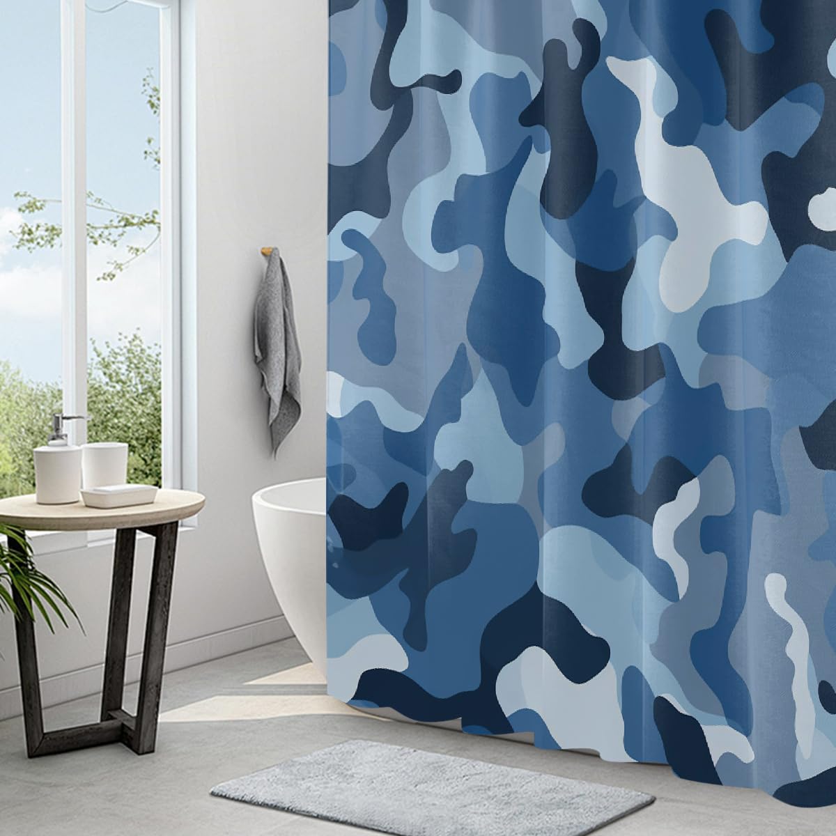 Ivolege Shower Curtain with Hooks, Classic Blue Camo Print Shower Curtain