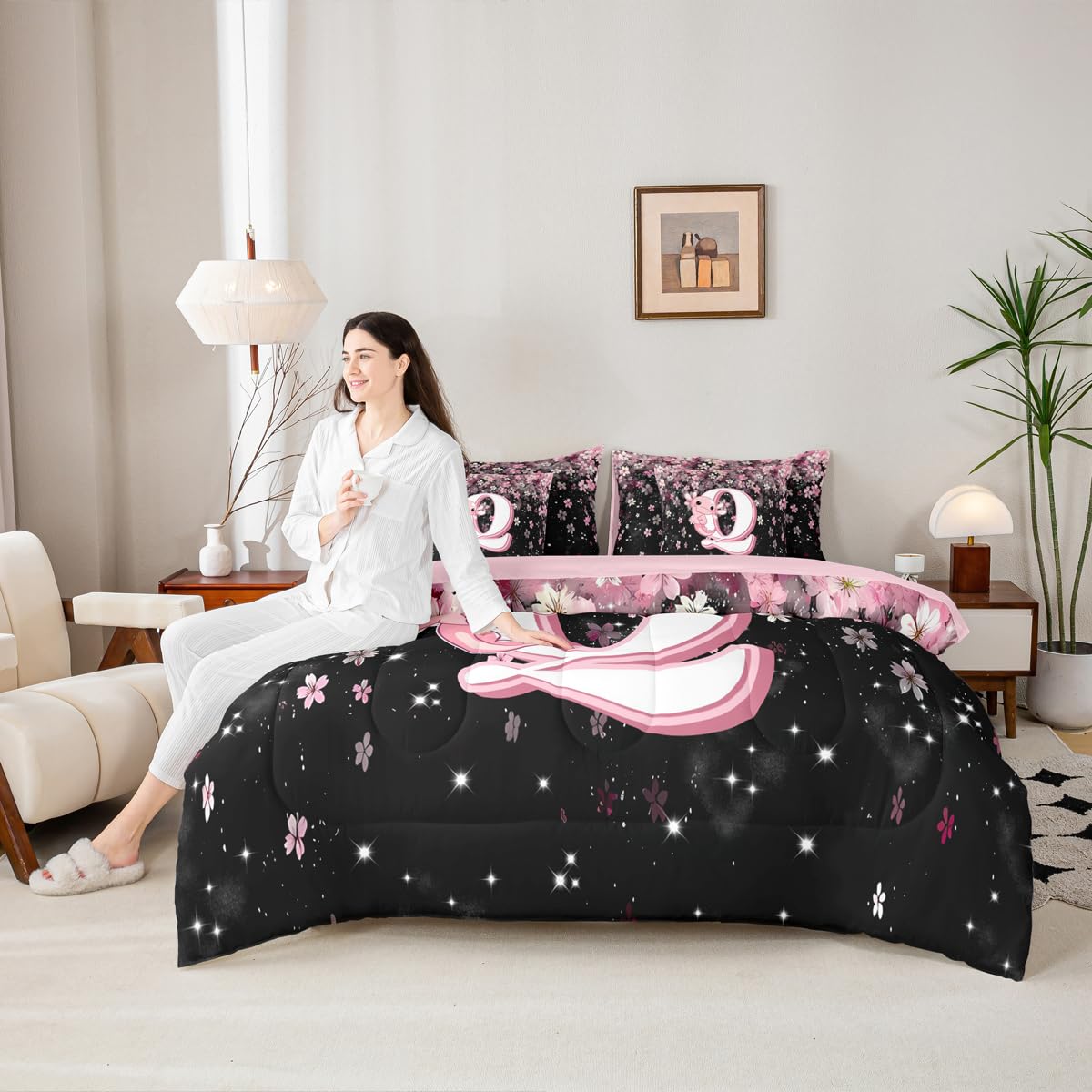 Erosebridal 7 Pieces Cute Letter Initial Q Bed in A Bag Twin Size | Cute Axolotl Comforter Set with Sheets for Kids Girls Teens Pink and White Cherry Blossom Bedding Set Kawaii Axolotl Quilt Sets