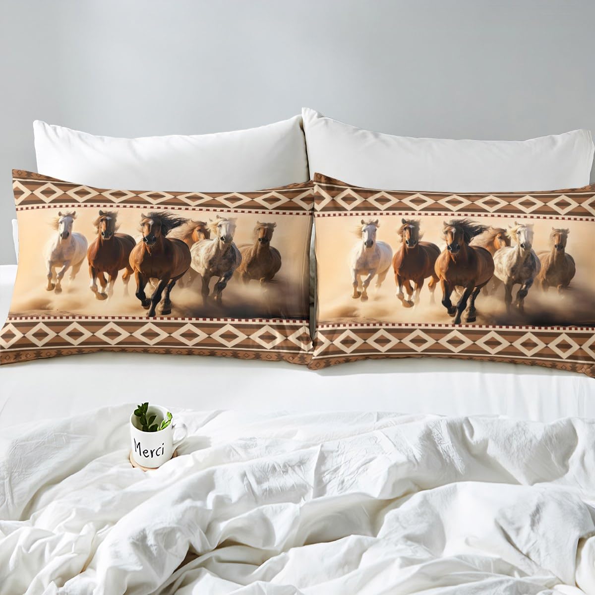 Manfei Galloping Horse Duvet Cover Set Queen Size, Wild Animal Theme Comforter Cover with 2 Pillowcases, Western Cowboy Bedding Set 3pcs for Kids Boys Girls Boho Exotic Bedspread Cover,No Comforter