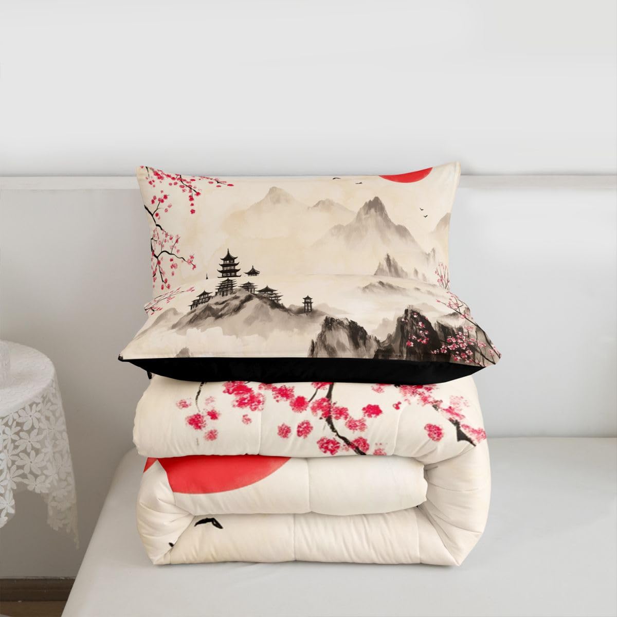jejeloiu Chinese Ink Painting Comforter Set All Season Japanese Style Bedding Set with 2 Pillow Cases Mountain Red Sun Microfiber Kids Queen Bedclothes Cherry Blossom Bedroom Decor Duvet Quilt Soft