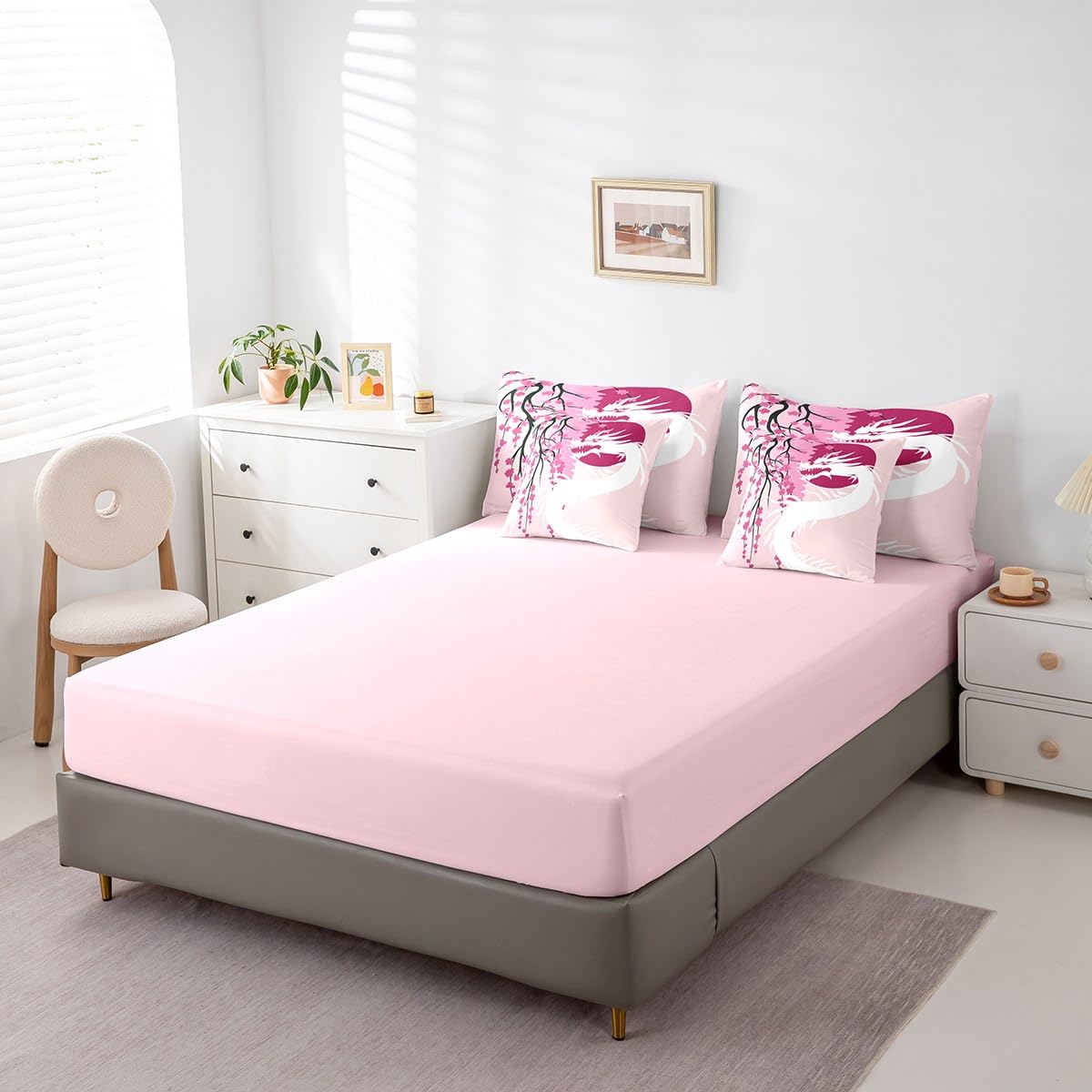Erosebridal Japanese Ukiyo-E King Comforter Set 7 Piece Sakura Dragon Bedding Set Magical Wildlife Animal Bed in A Bag for Kids Boys Girls,Pink Watercolor Cherry Blossom Flowers Bed Set