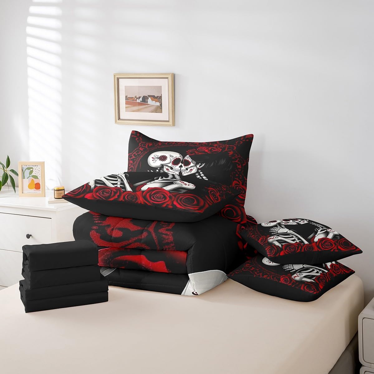 Erosebridal Sugar Skull Bed in A Bag Romantic Roses Bedding Set Valentine's Day Queen Comforter Set 7 Piece for Adults Men Women,Skeleton Lovers Red Black Bed Set Room Decor