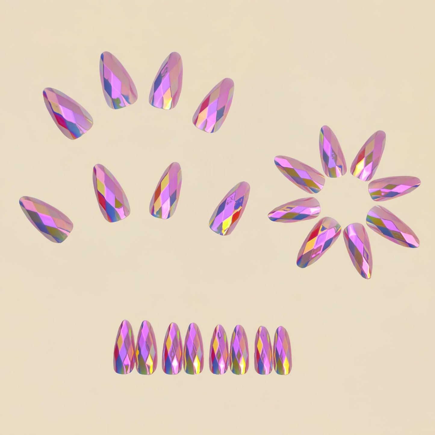 RUOKEXIN Almond Press on Nails Medium Length Fake Nails Chrome False Nails with 3D Rhombus Designs Full Cover Nail Press ons Sparkly Artificial Nails for Women 24Pcs(Light Purple)