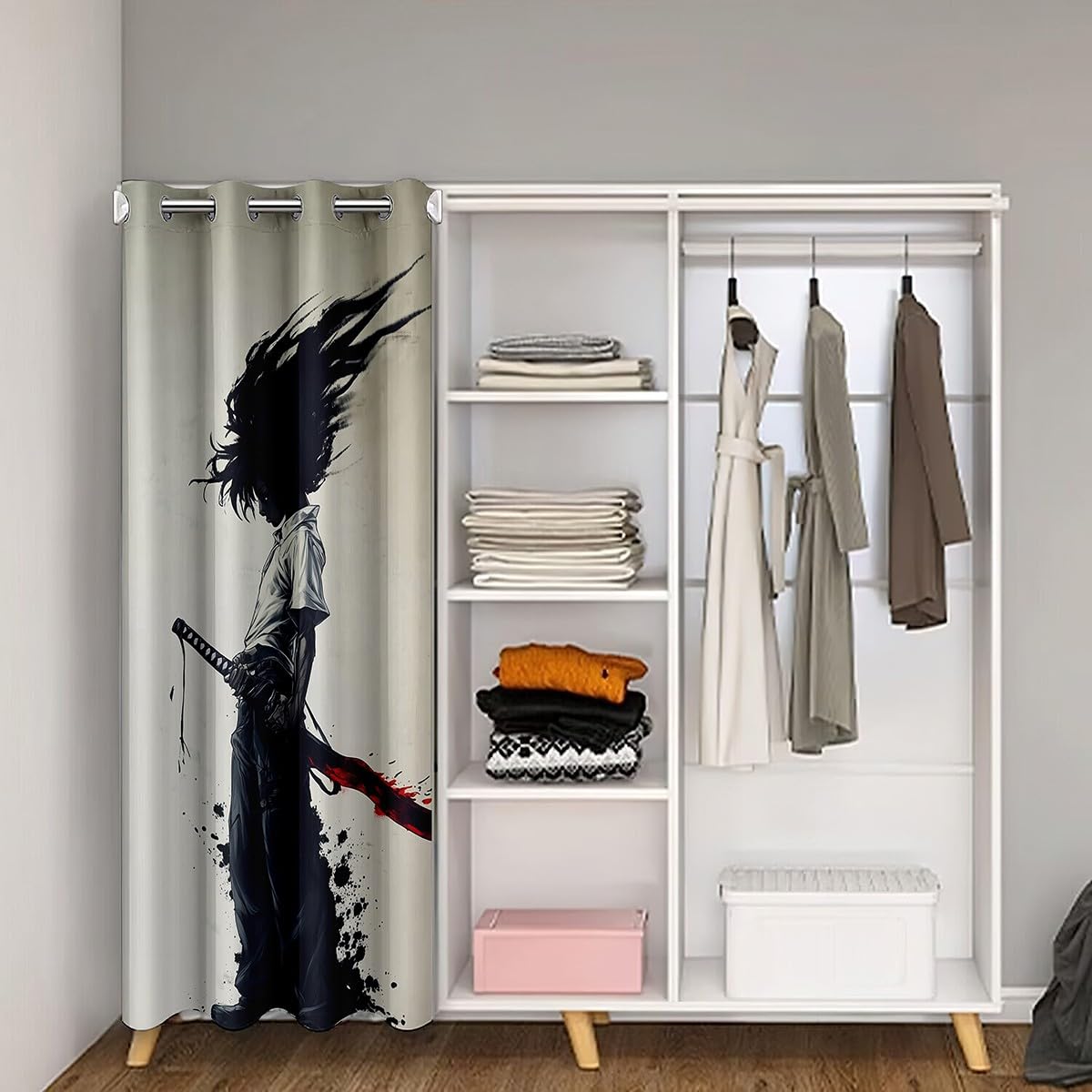 jejeloiu Kids Afro Samurai Door Curtain for Doorway Privacy 34" x 80" Anime 30%-50% Room Darkening Blackout Japanese Style Window Treatments
