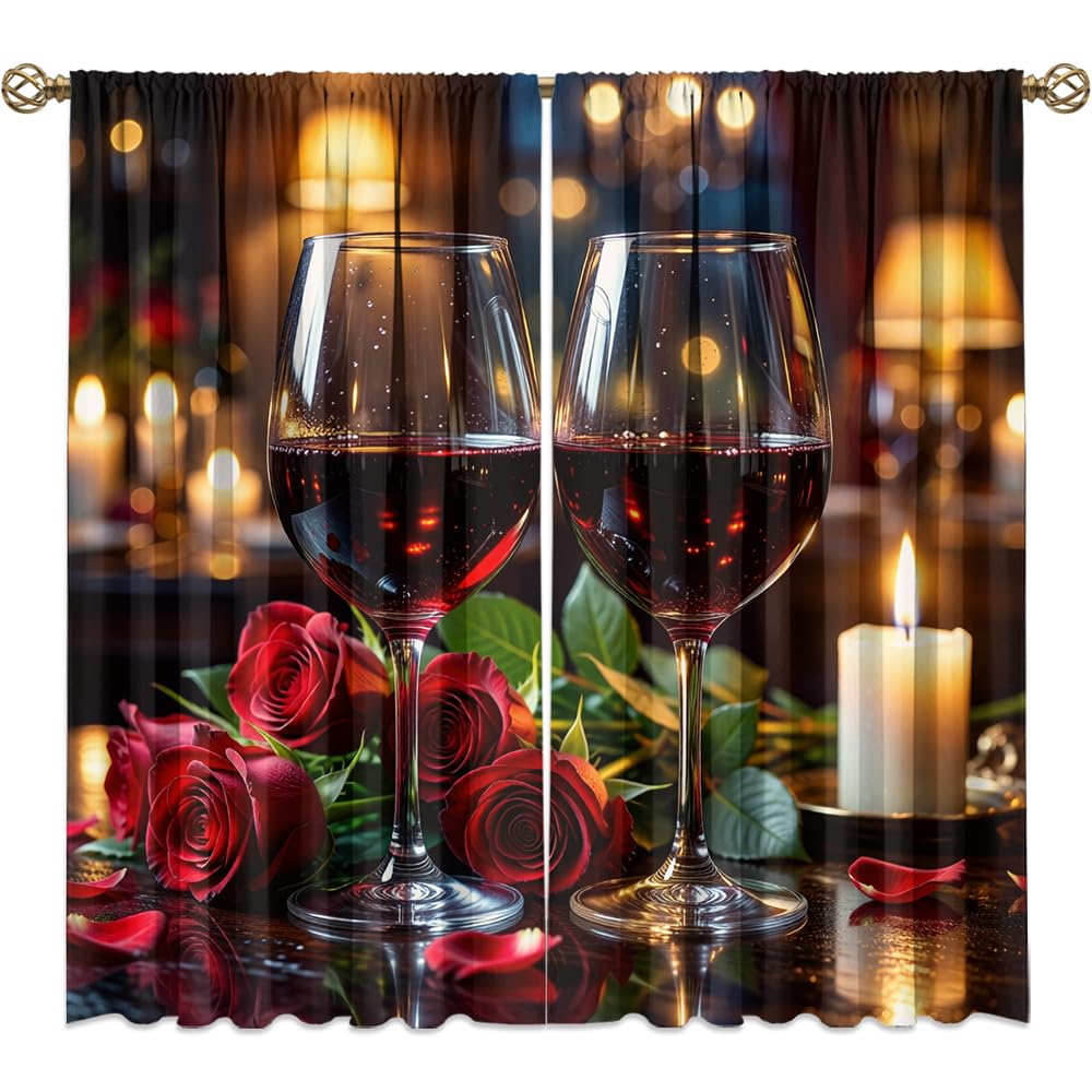 KuracleGH Romantic Valentines Day Wine Rod Pocket Curtains-Aesthetics Floral Red Rose Blackout Curtains & Drapes for Bedroom,Fashion French Wine Glass Window Curtain,2pcs,Each 21“W x 45”L