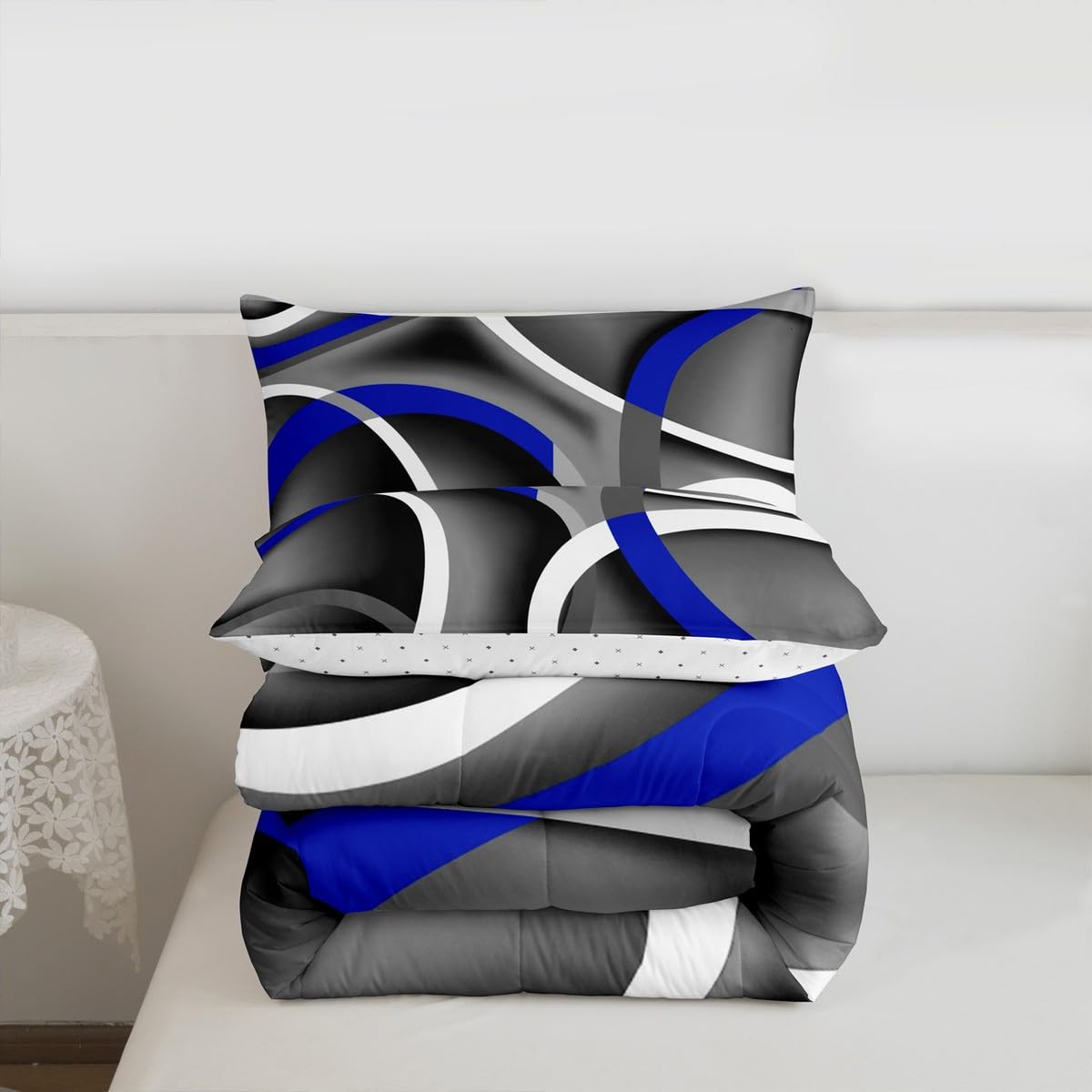 Stripes Comforter Set Queen Kids Boys Teens Gray Black Blue Swirls Room Decor Abstract Stripes Circle Bedding Set,Lightweight Modern Simple Style Duvet,Youth Young Man Quilt,1 Comforter+2 Pillowcase