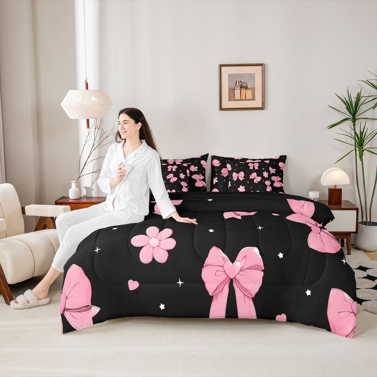 Erosebridal Bowknot 7 Piece Comforter Set King Size Black Pink Bedding Set for Girls Kids Bedroom Pink Bows Comforter Microfiber Bow Heart Pattern Bed in A Bag with Sheets Flower Bed Set