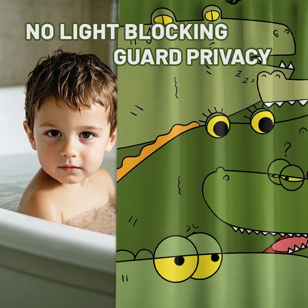 dueeia Alligator Shower Curtain for Kids Funny Cartoon Animal Green Crocodile Shower Curtains for Bathroom Decor Sets, Waterproof Fabric with Hooks, Waterproof Fabric 70 x 72 inch with Hooks