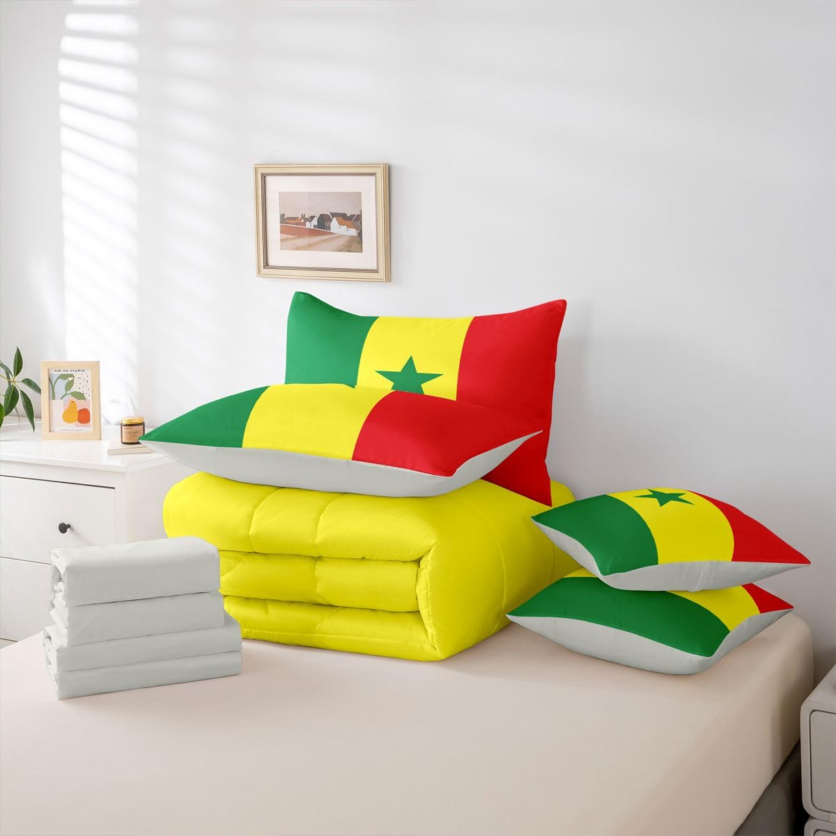 Feelyou Senegal Paisley Flag Comforter Set with Sheets 7 Piece King Size Senegalese Paisley Bedding Set for Kids Boys Girls International Flag Bed in a Bag Room Decor Soft Lightweight Microfiber
