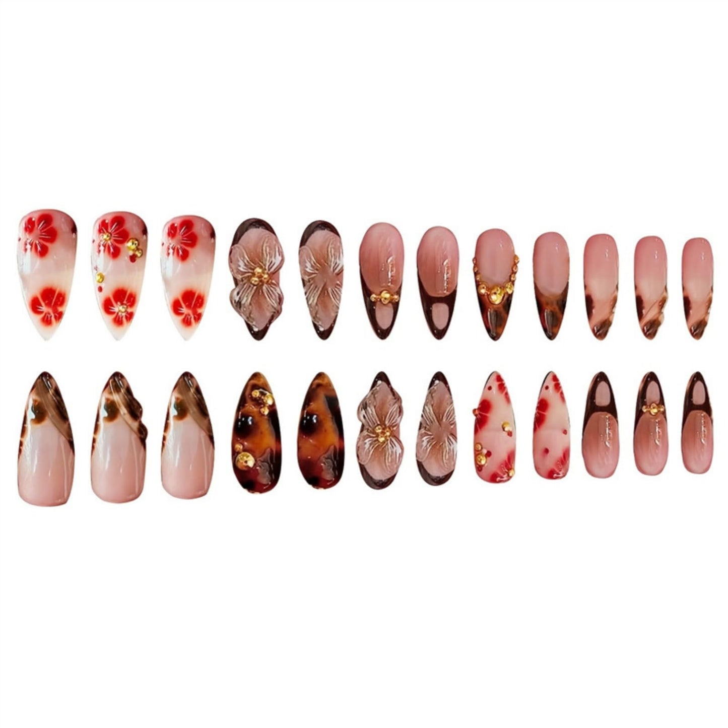 Almond Press on Nails Long Fake Nails Brown Artificial Nail with Tortoise shell and Gold Charm Designs Summer and Fall Cute Acrylic Press ons Red Flowers Handmade Nail 24pcs