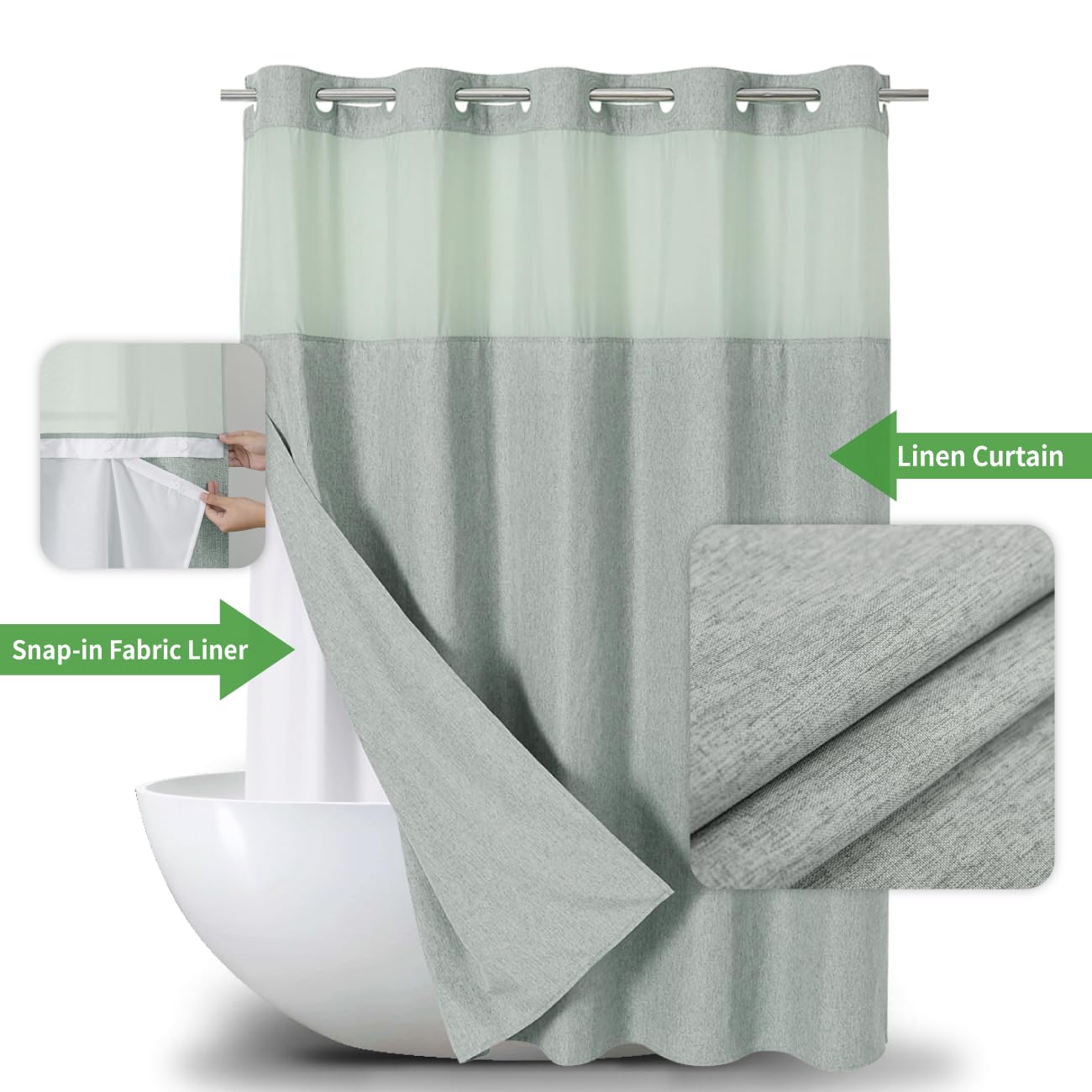 eachope No Hooks Needed Linen Textured Shower Curtain with Snap-in Fabric Liner Set,Sage Green Hotel Luxury Decor Shower Curtains for Bathroom,Water Repellent & Washable,71Wx77H