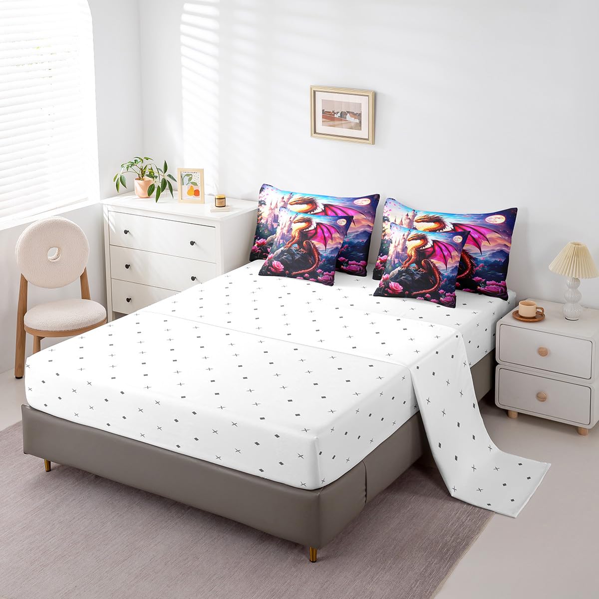 7 Pieces Rose Castle Dragon Comforter Set Queen,Blossom Flower Animal Bed Set for Kids Boys Girls,Fantasy Wildlife Bedding(1 Comforter,1 Fitted Sheet,1 Flat Sheet,2 Pillowcases,2 Throw Pillow Cover)