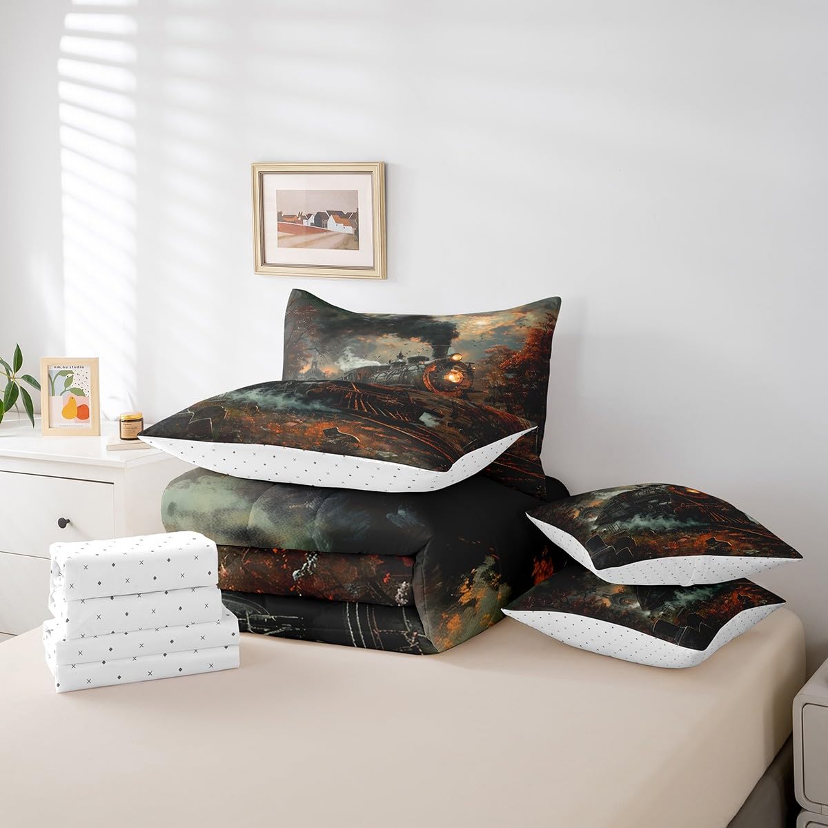 Manfei 7 Pieces Twin Size Retro Train Comforter Set,Steam Locomotive Train Bedding Set for Boys Girls,Maple Leaves Autumn Theme (Comforter+Fitted+Flat Sheet+2 Pillowcases+2 Throw Pillow Covers)