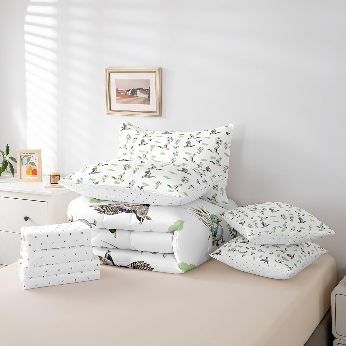 Erosebridal Mallard Duck 7 Piece Comforter Set Twin Bed in A Bag Woodland Wild Duck Bedding Set for Kids Boys Girls Waterfowl Flying Ducks Sheet Set Rustic Farmhouse Comforter Hunting Wildlife Theme