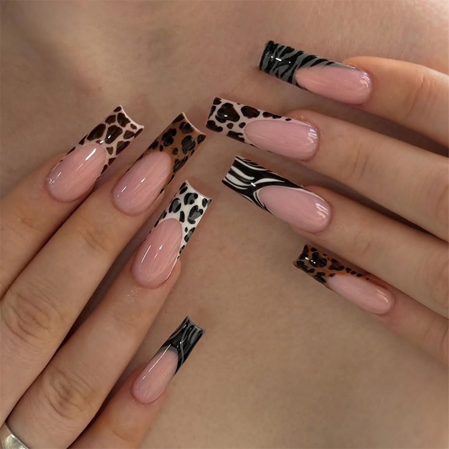 MERVF Press on Nails Long Square, Leopard Cow Print French Tip Fake Nails Black Glue ons Acrylic Nail Animal Print Design Glossy 24pcs