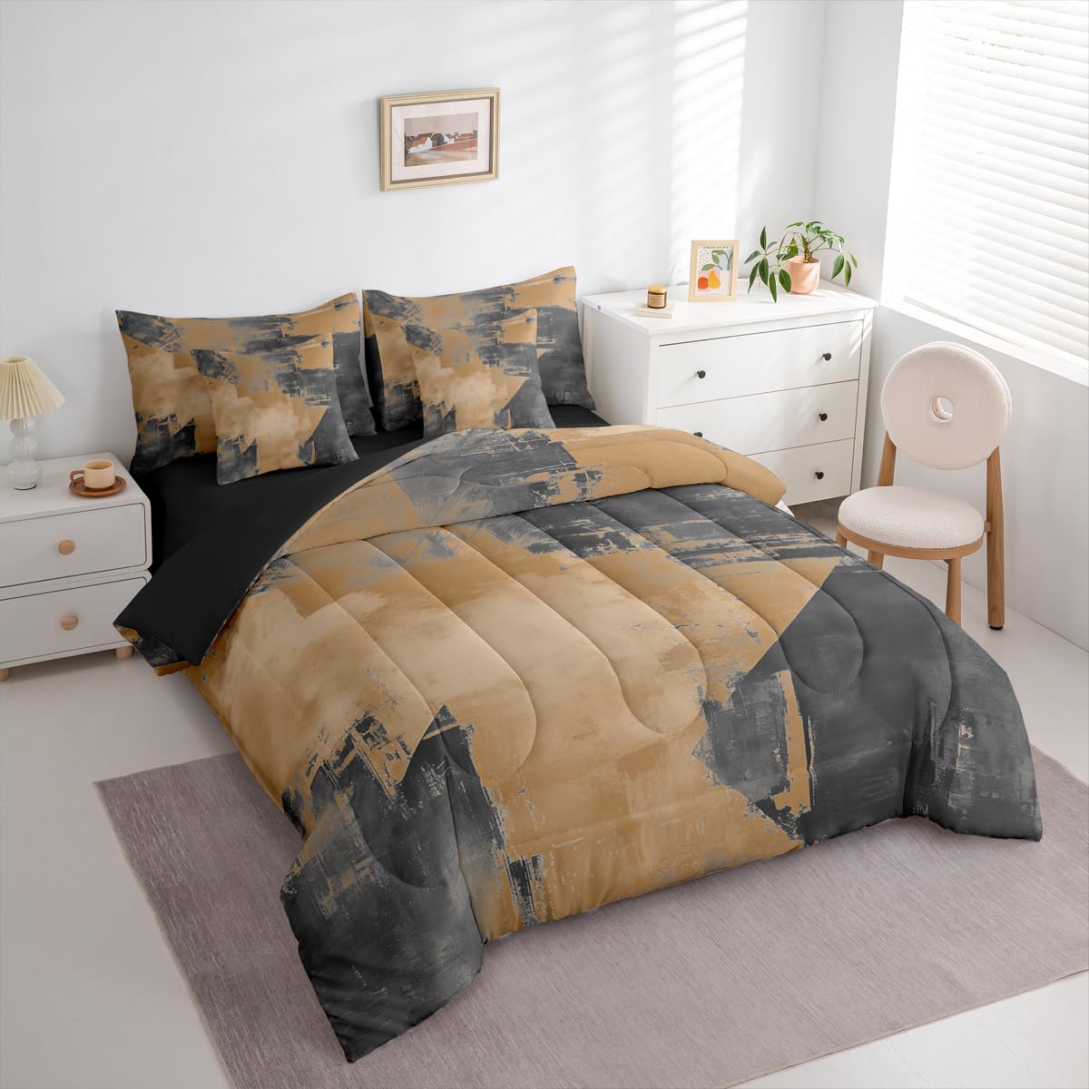 Feelyou Abstract Comforter Set With Sheets 7 Piece King Size Modern Abstract Art Bed in a Bag Kids Boys Girls Luxury Bedding Set Geometric Bedroom Decor Brownish Breathable Soft Lightweight Microfiber