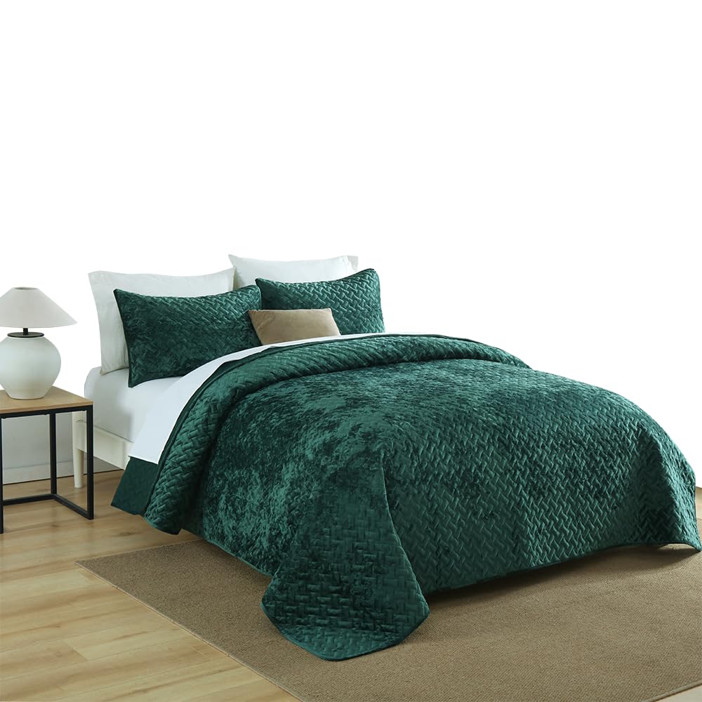 Liians Velvet Bedspread Quilt Bedding Sets,Luxury Elegant Ultra Soft Velvet Comforters Coverlet Blankets,Weave Stitching Pattern Cotton Quilted Bedspread for All Seasons,Turquoise,King Size