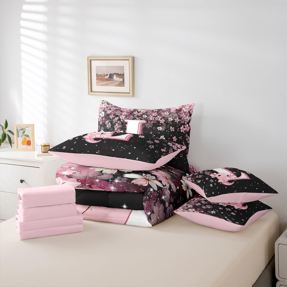 Erosebridal 7 Pieces Cute Letter Initial L Bedding Set Twin Size | Cute Axolotl Comforter Set with Sheets for Kids Girls Teens Pink and White Cherry Blossom Quilt Sets Kawaii Axolotl Bed in A Bag