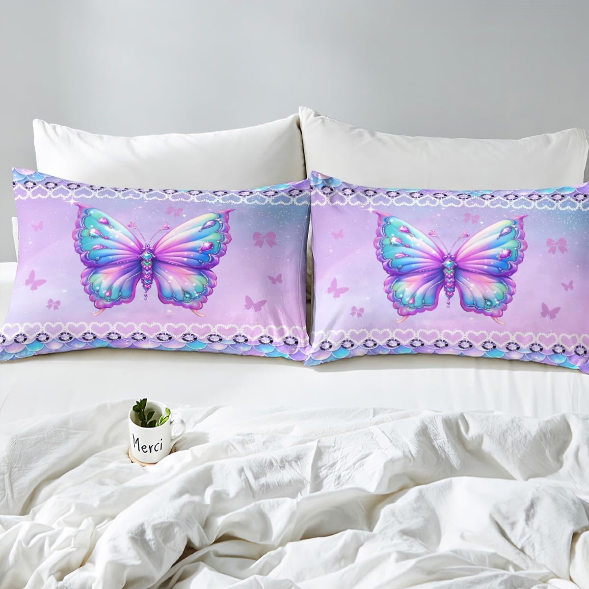 Erosebridal Butterfly Queen Size Bedding Set 3 Piece, Mermaid Scales Down Comforter for Kids Girls Women Room, Kawaii Love Heart Comforter Set, Dreamy Princess Maeine Life Quilt, Purple Blue