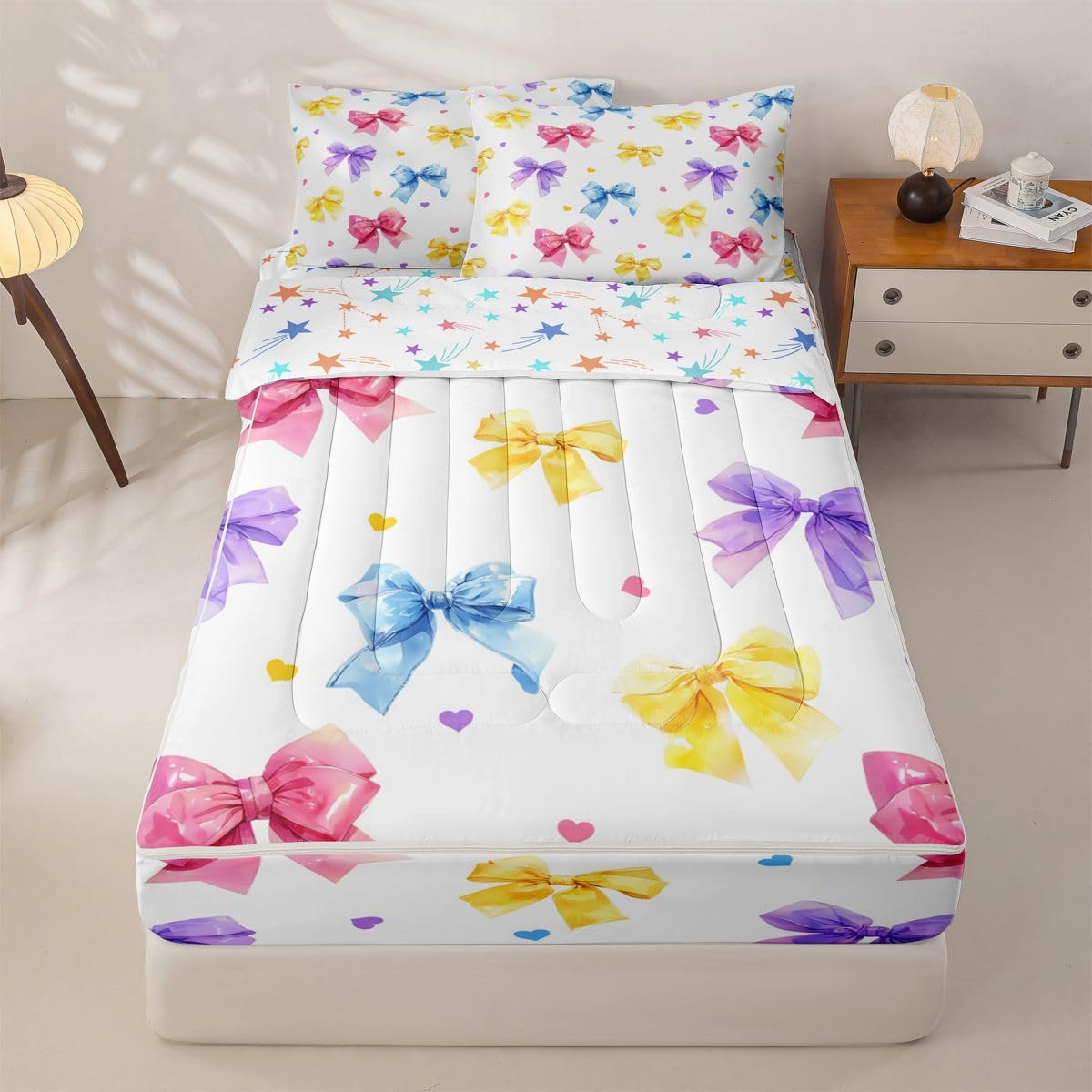 Feelyou Bow Zipper Bedding Queen Bowknot Comforter Set with Fitted Sheet and Pillowcases Kids Boys Girls Kawaii Zipper Bedding Sets Heat Love Bedroom Decor Cute Bow Gilfts