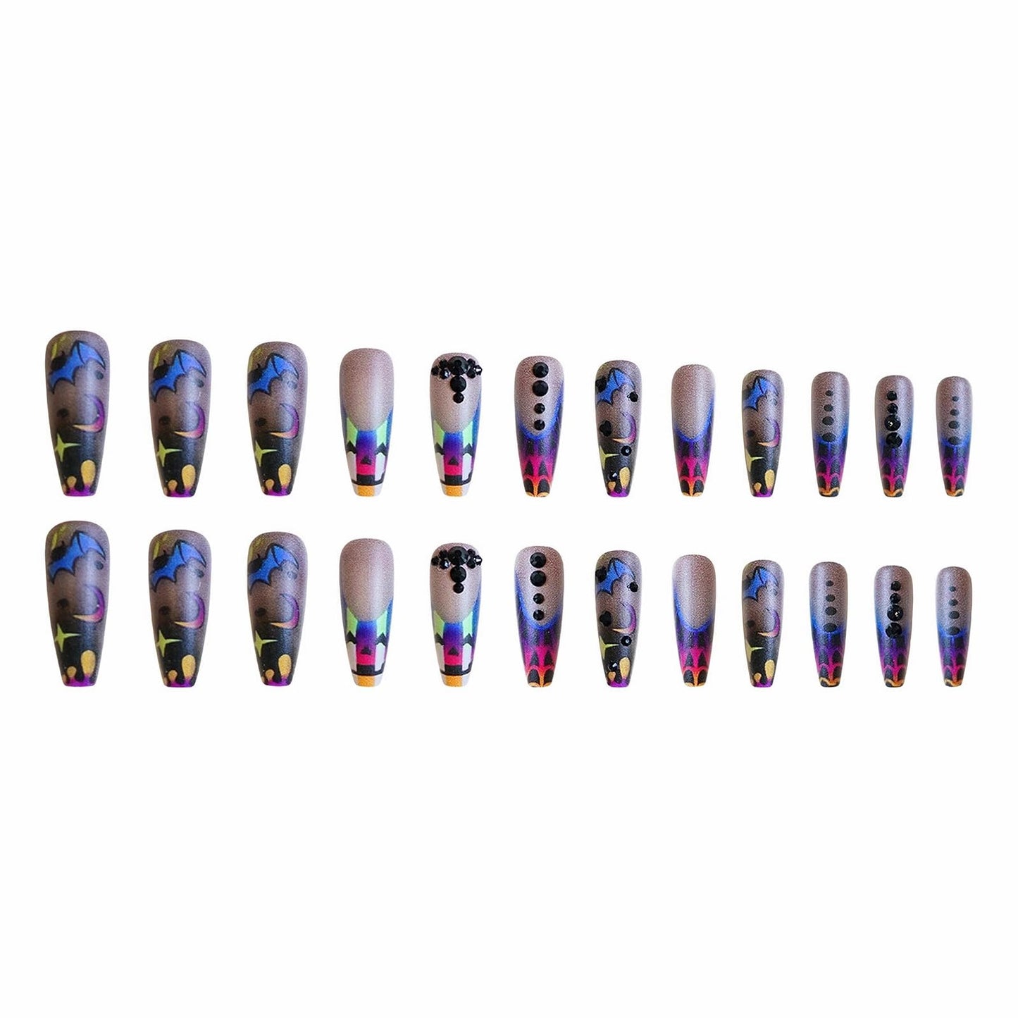 MISUD Press on Nails - Long Coffin Fake Nails with Goth Clown, Acrylic Gothic Bat Design 24 pcs