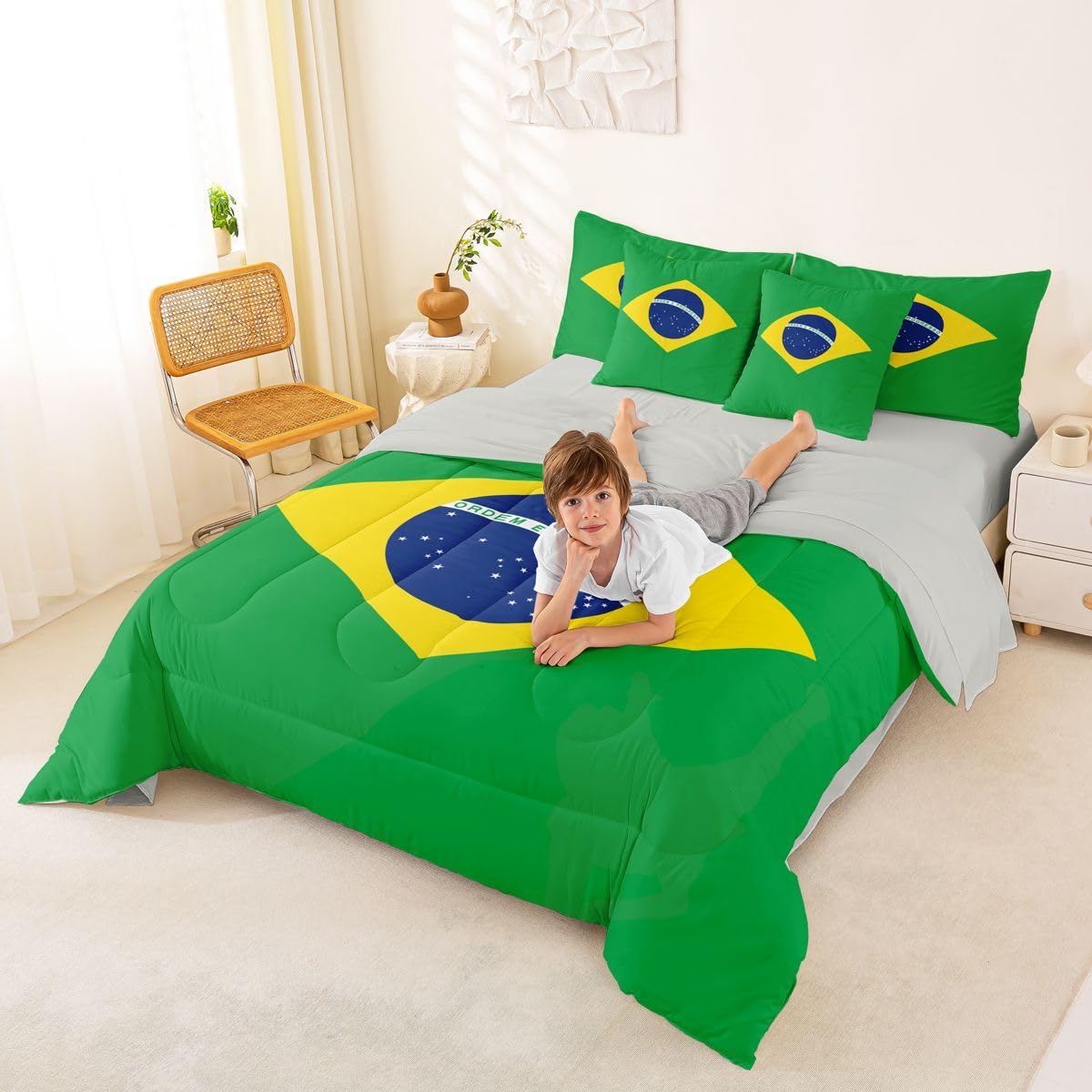 Feelyou Brazil Comforter Set King Size 7 Pieces Brazilian Flag Bedding Set for Kids Boys Girls World Countries Bed in a Bag with Sheets Bedroom Decor All Season Quilted Breathable Soft Lightweight