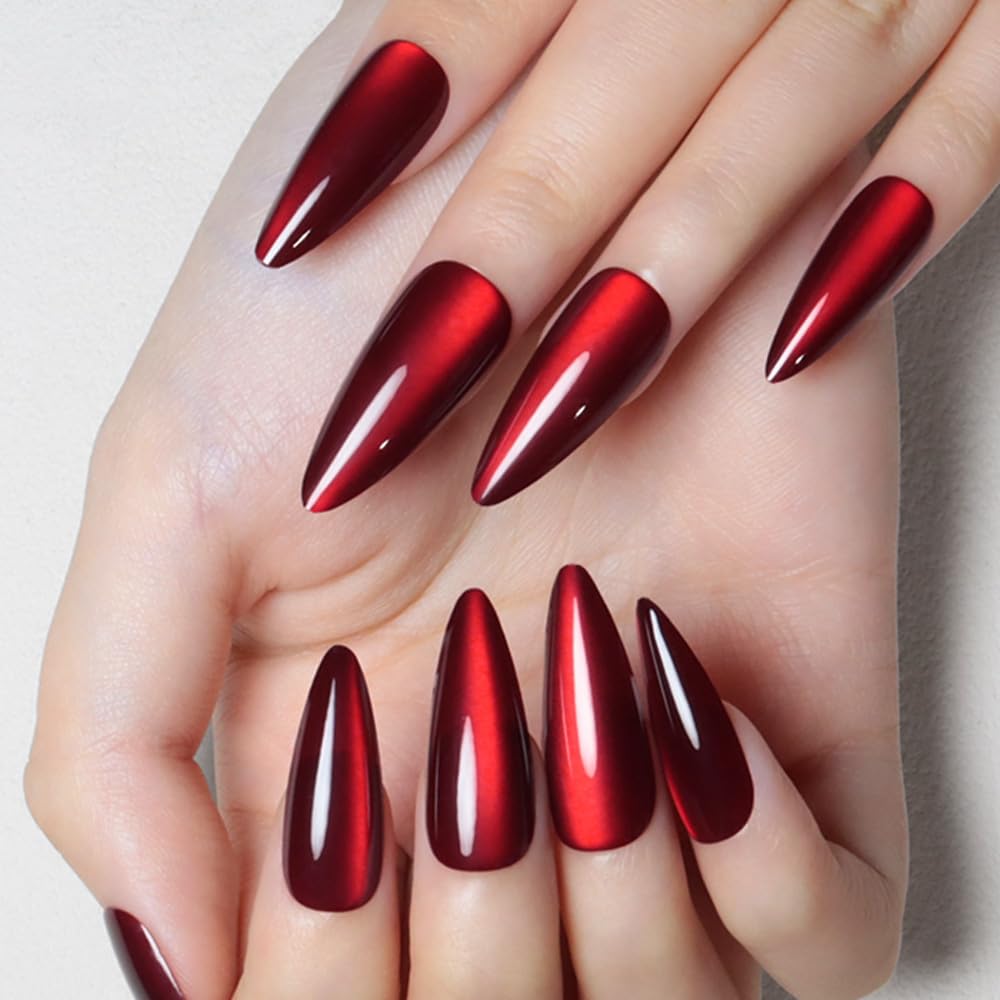 evpct Dark Red Cat Eye Press on Nails Almond Long No Glue, Soft Stick on Nail Long Almond for Women Gift, Bloond Red Metallic Glitter Soft Reusable Full Cover Press on Acrylic Fake Nail with Designs