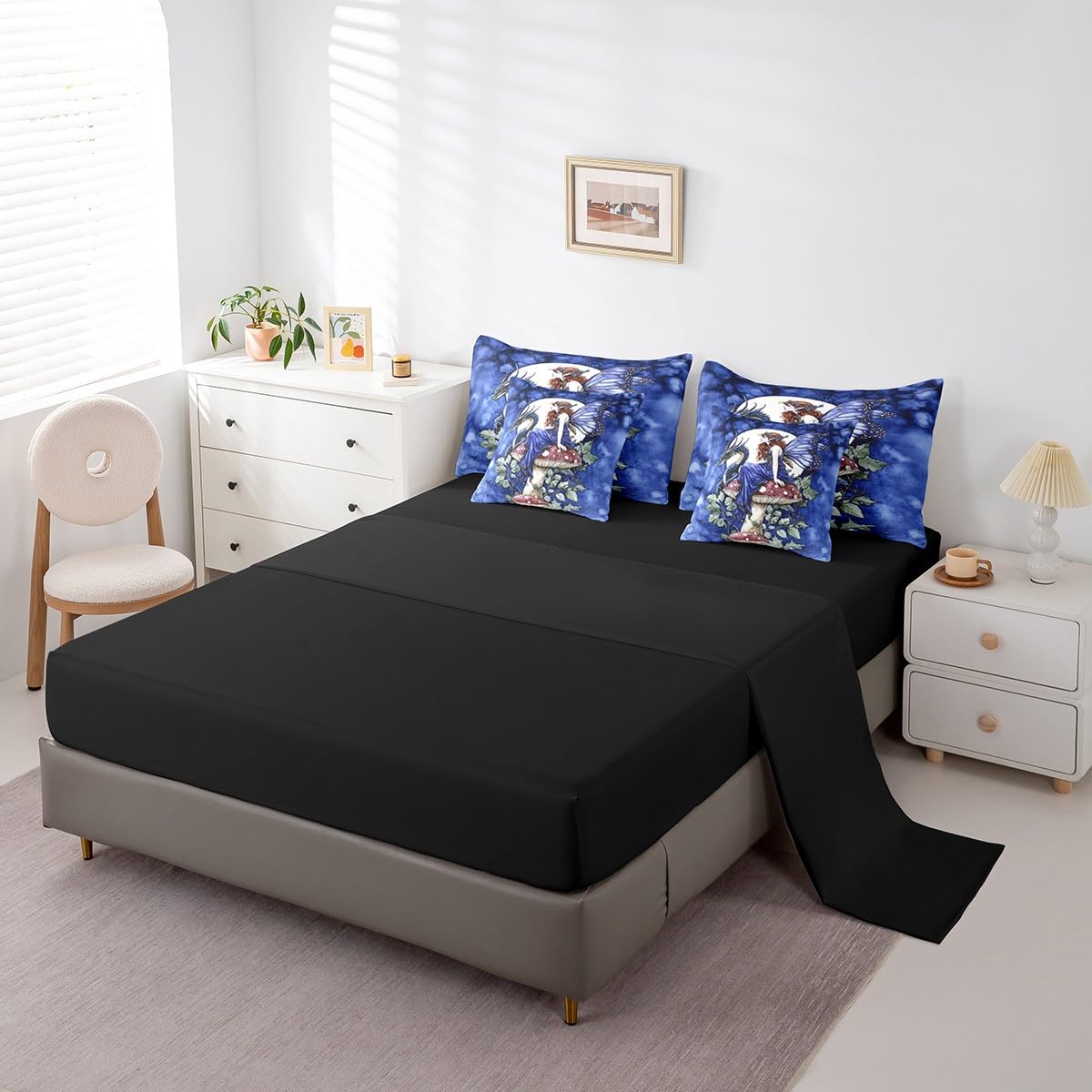 Homewish Queen Size 7 Pieces Bedding Sets Dragon Mushroom Comforter Set Butterfly Fairy Bed Sheet Blue Reversible Printed Quilt Set + Flat Sheet + Fitted Sheet + 2 Pillowcase + 2 Throw Pillow Covers