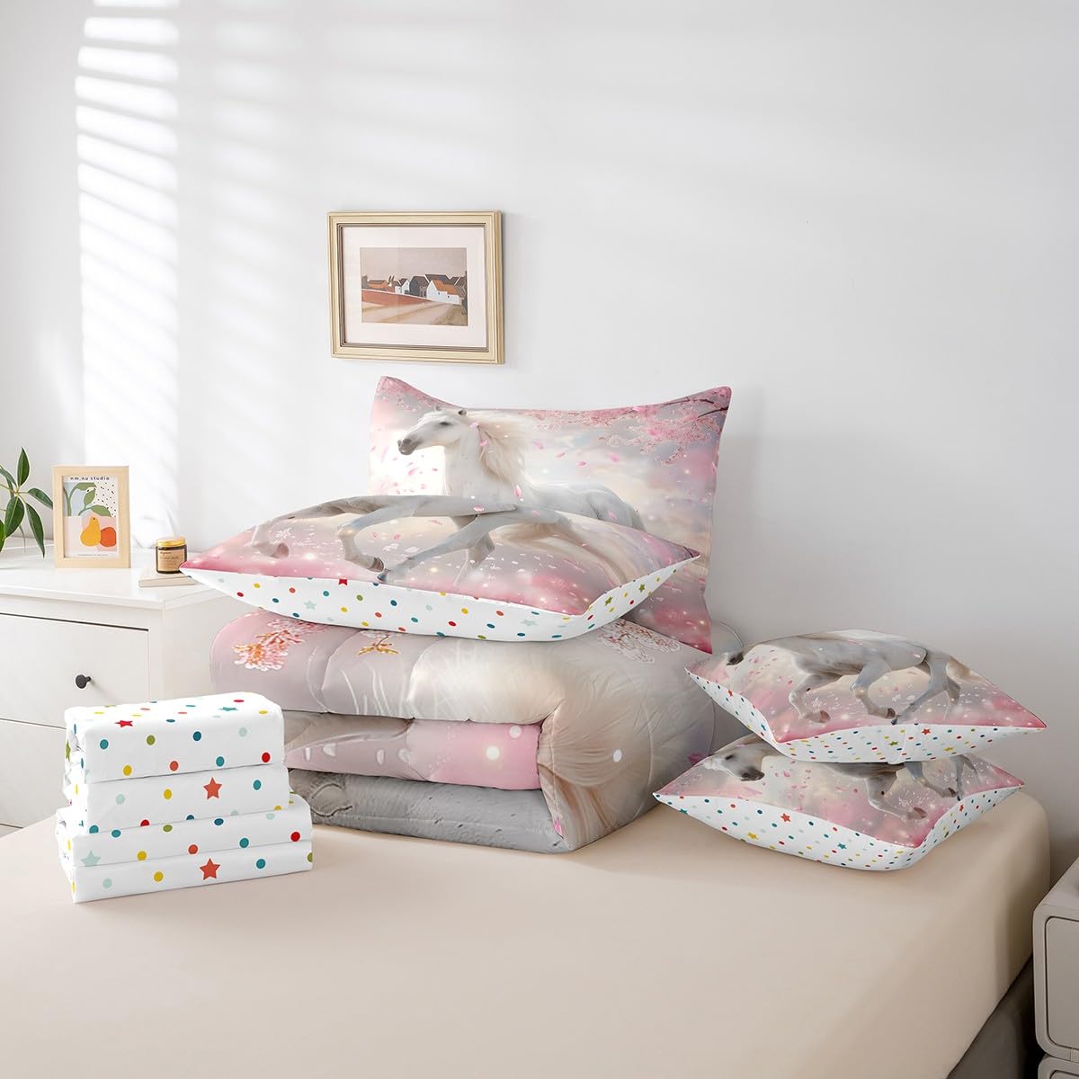 7 Piece Boys Twin Horse Bed in a Bag Pink Cherry Blossom Sheet Set for Girls Kids - 3D Wild Animal Bedding Set with Comforter - Pink Fitted Sheet - White Horse Farmhouse Cushion Covers
