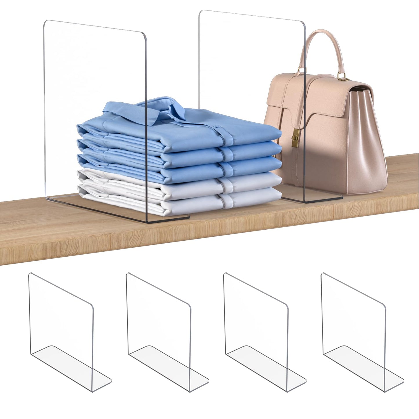 OKPOW Shelf Dividers Closet Organizer - 12" Tall X 11.8" Deep Acrylic Clear Sturdy Separate for Clothes Purse - Adjustable Space Saver Easy Install for Home Organization Enthusiasts 4 Pack