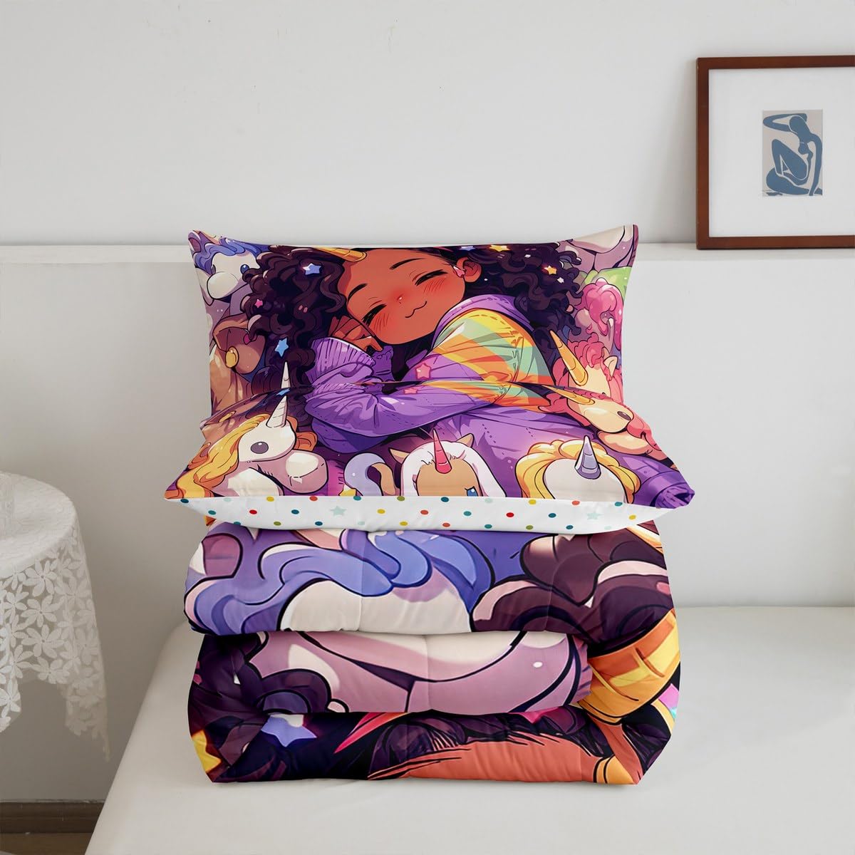Black Girls Twin Comforter Set for Girls,Cartoon Unicorn Quilt American African Kids Bedding Set,Afro Hair Girl Princess Melanin Down Comforter Magical Animal Dreamy Horse Kawaii Room Decor