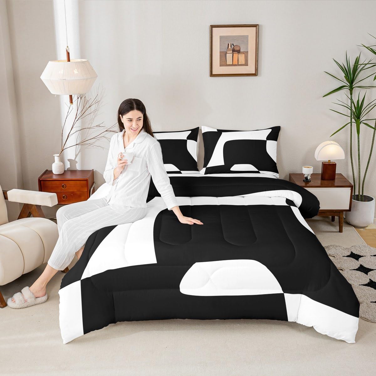 Erosebridal Black and White Abstract Queen Comforter Set for Adult Women Men Boho Geometric Striped Bedding Set Minimalist Modern Art Bed Set Simple Aesthetic Modern Quilt Set