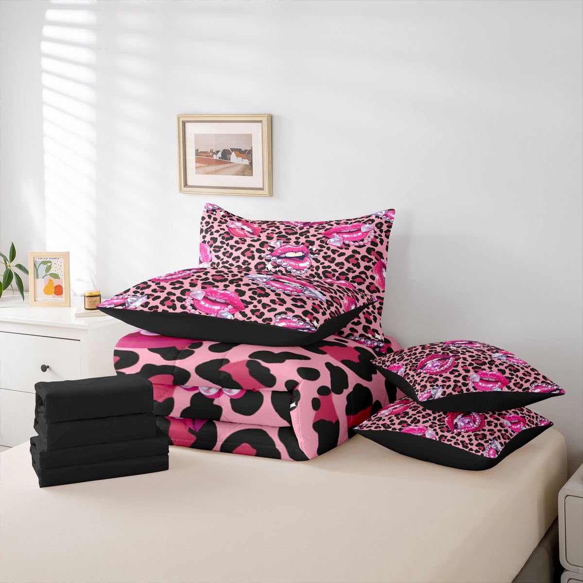 Erosebridal Pink Leopard Print Twin Size Bedding Set Sparkling Diamond & Pearl 7 Pieces Comforter Set with Sheets Women Girl Y2K Charming Lips Bed in a Bag Girly Cheetah Print Bed Sets