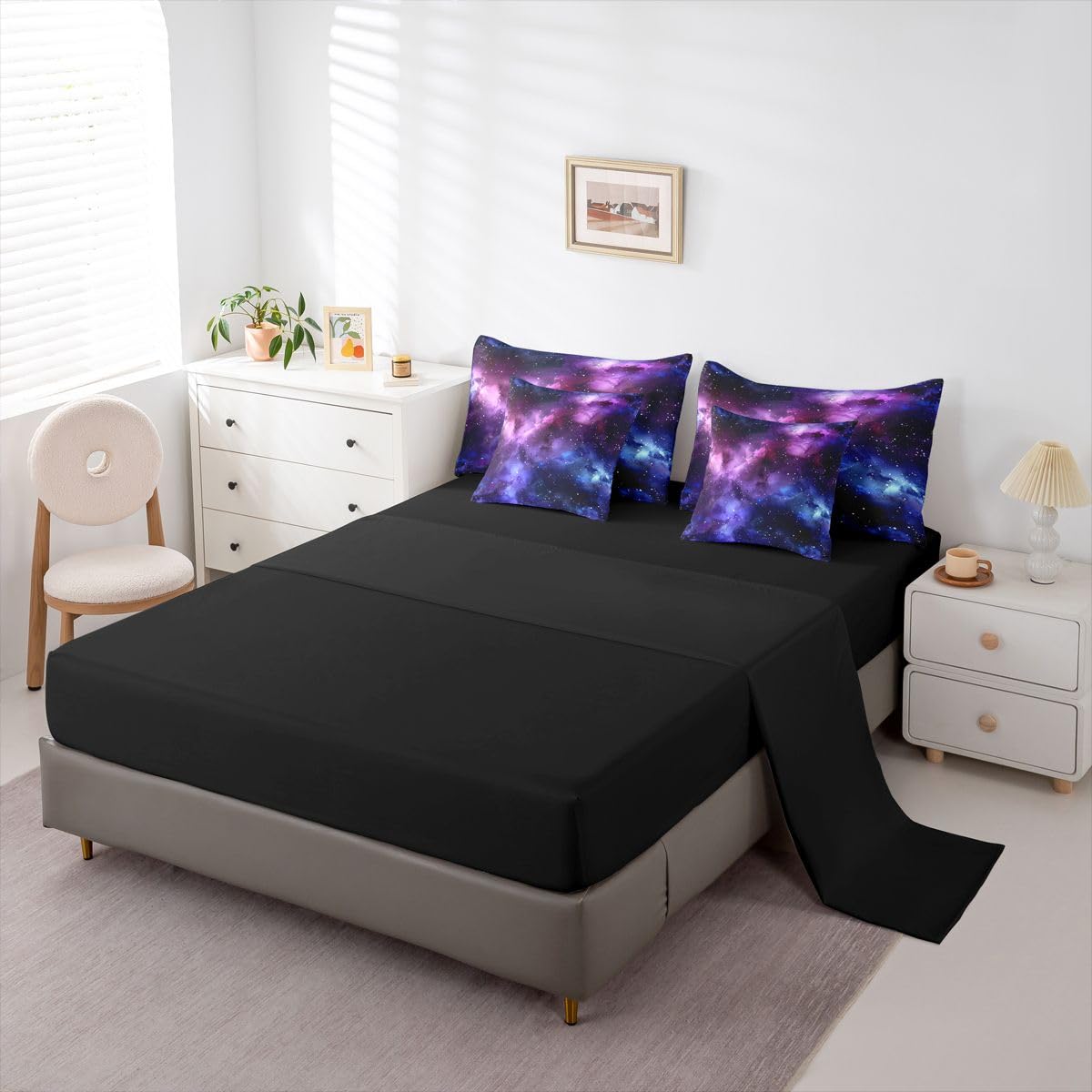 Erosebridal Universe Space Comforter Set Galaxy Bed in A Bag Queen Size 7 Pieces Purple Blue Starry Sky Bed Set Room Decor Outer Space Nebula Bedding with Sheets