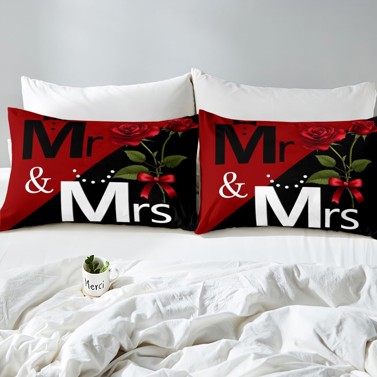 Mr Mrs Duvet Cover Set Queen Size, Love Man Women Romance Bedding Set 3pcs for Lover Couple Valentine Day, Red Rose Flower Print Comforter Cover Black Red Quilt Cover with 2 Pillowcases,No Comforter