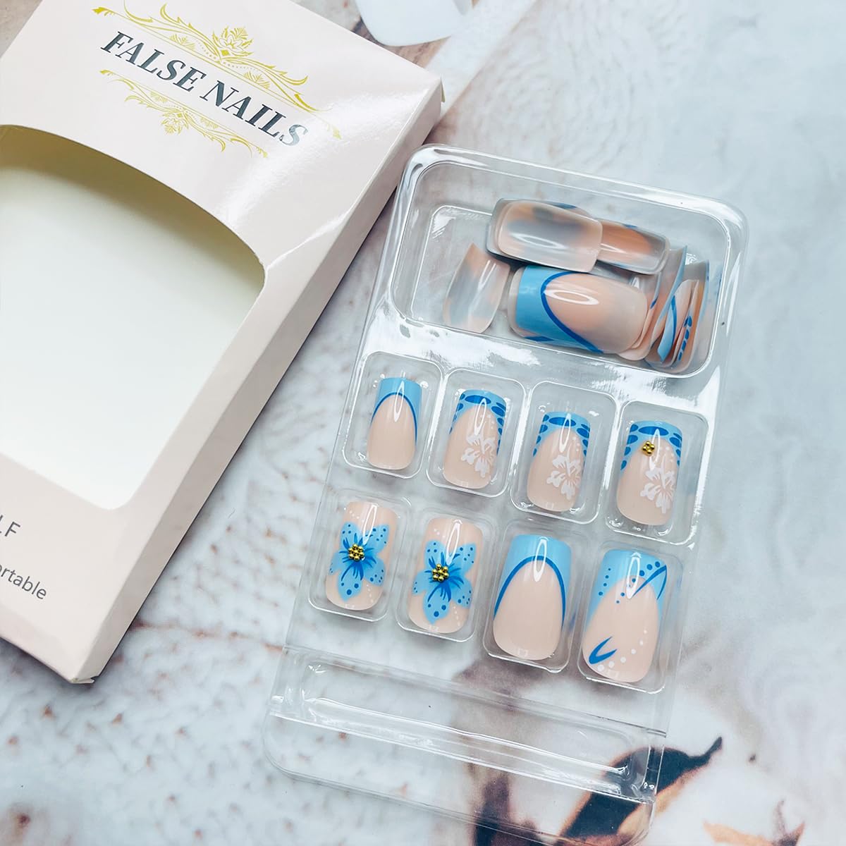 24Pcs Blue French Tip Press on Nails Short Square Fake Nails Glossy Design Full Cover Glue on Nails Gold Rhinestones Flower Artificial Nails Reusable Acrylic Stick on Nails for Women DIY Manicure